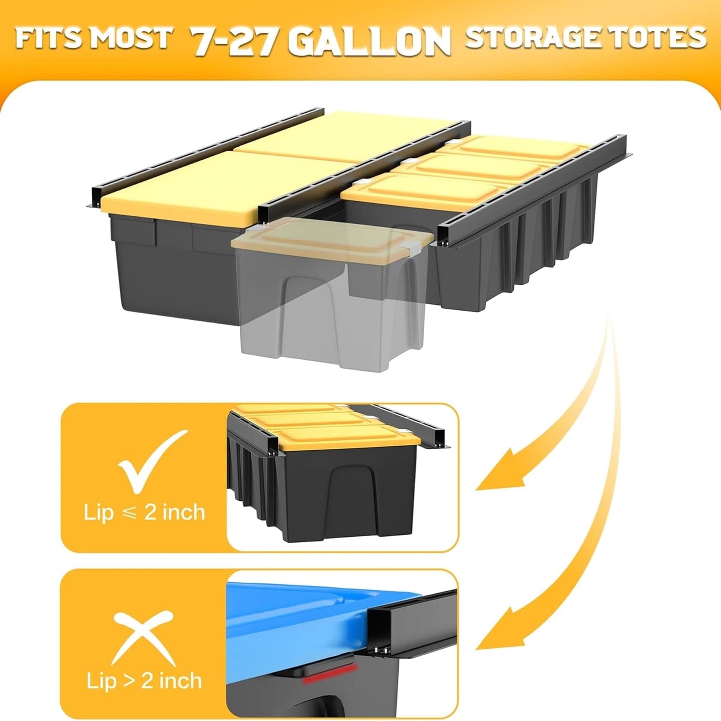 WALMANN Overhead Tote Storage Rail System, Garage Ceiling Bin Storage Rack Heavy Duty Adjustable Tote Slide Rails(Black, Bins are not Included)