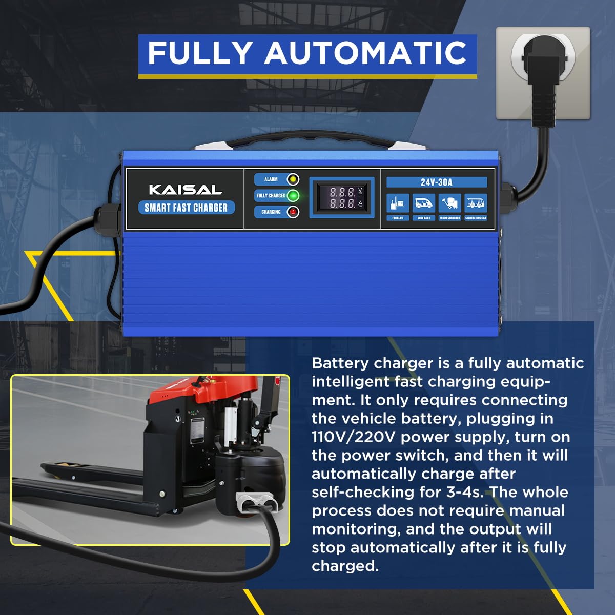 Forklift Battery Charger 24V 30A Smart 24 Volt Charger 900W Fully-Auto LCD Display Pallet Jack Battery Charger 7 Protections Trickle Charger for 24V Electric Pallet Jack & Forklift & Floor Scrubber