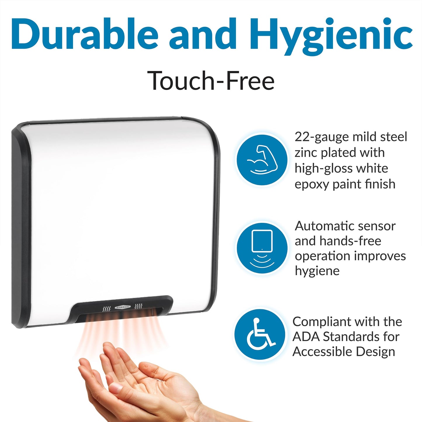 Bobrick 7120 TrimLineSeries Zinc-Plated Steel ADA Surface-Mounted Automatic Hand Dryer, White Epoxy Finish, 115V, 13-19/32" Height, 13-25/32" Width