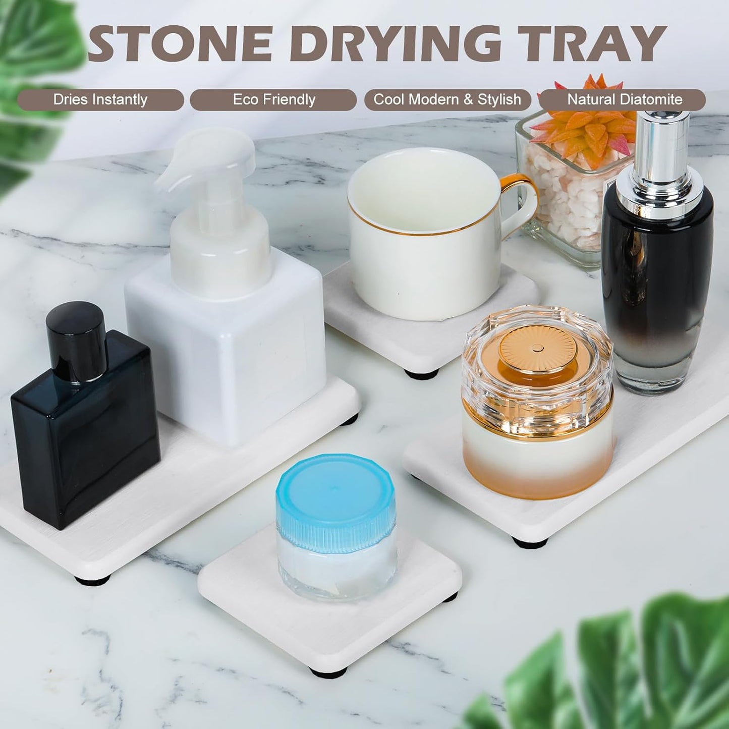 Skiennix Water Absorbing Stone Tray - Fast Drying Diatomite Coaster for Kitchen & Bathroom | 4PCS Set