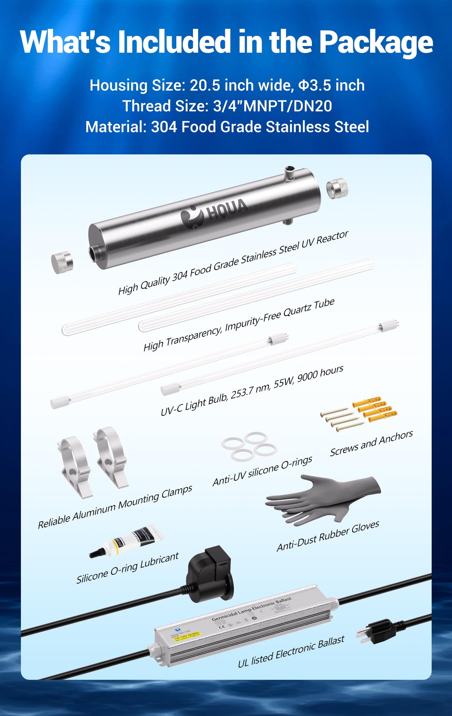 HQUA-TWS-12 Ultraviolet Water Purifier Filter for Whole House Water Purification,12GPM 120V, 1 Extra UV Lamp + 1 Extra Quartz Sleeve