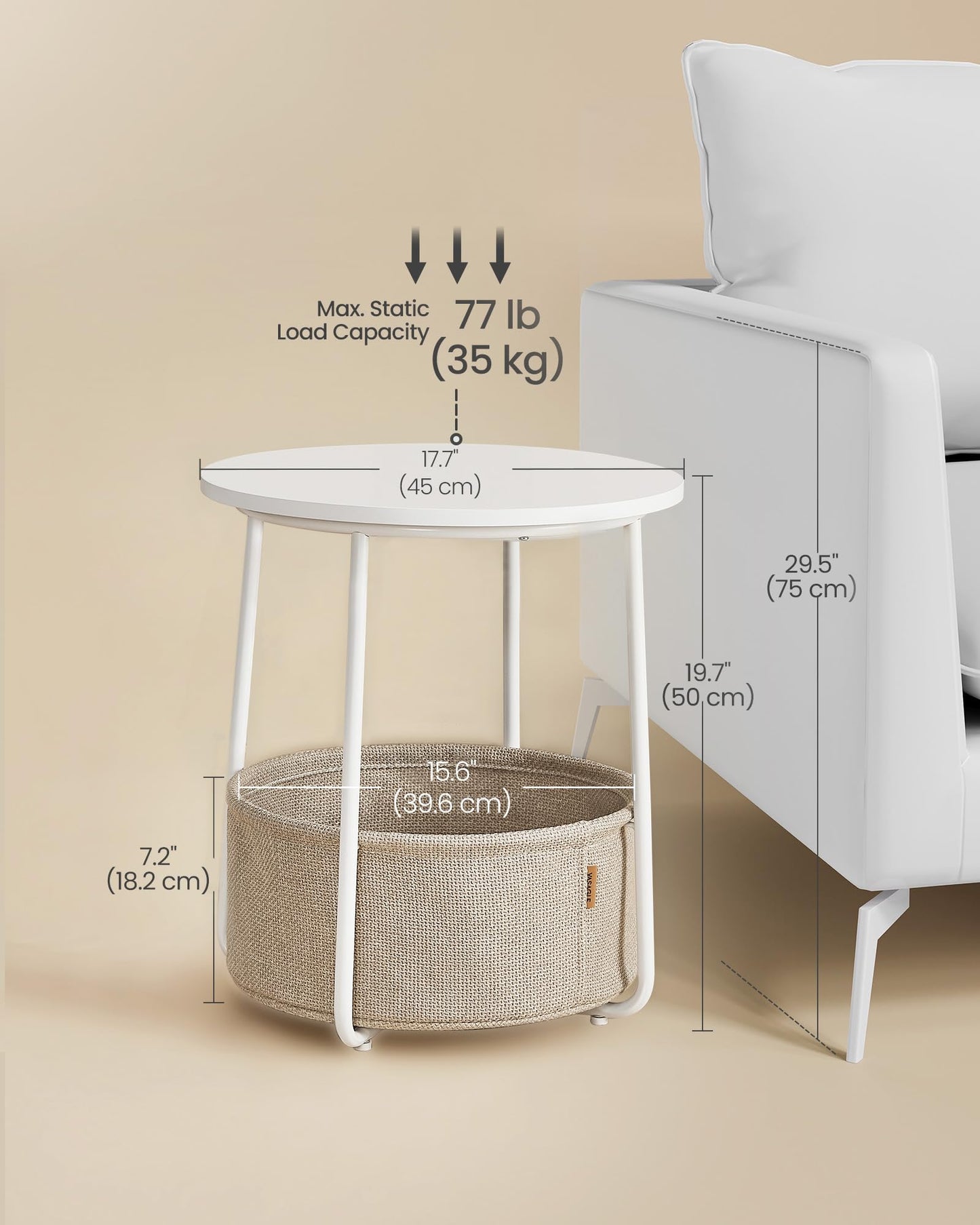 VASAGLE Nightstands, Set of 2 Small Round Side Tables with Fabric Basket, Bedside End Tables, for Bedroom, Matte White and Camel Brown ULCT665W01