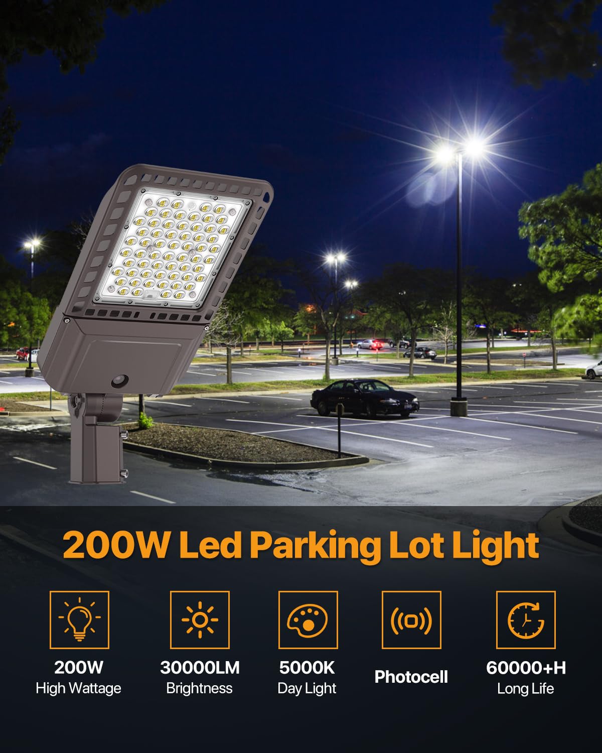 DEMILARE Parking Lot Lights 200W 30,000LM Slip Fitter Led Street Pole Light with Dusk-to-Dawn Photocell 5000K 100-277V IP65 Waterproof Outdoor Commercial Area Lighting for Parking Lot, Roadways 3PACK