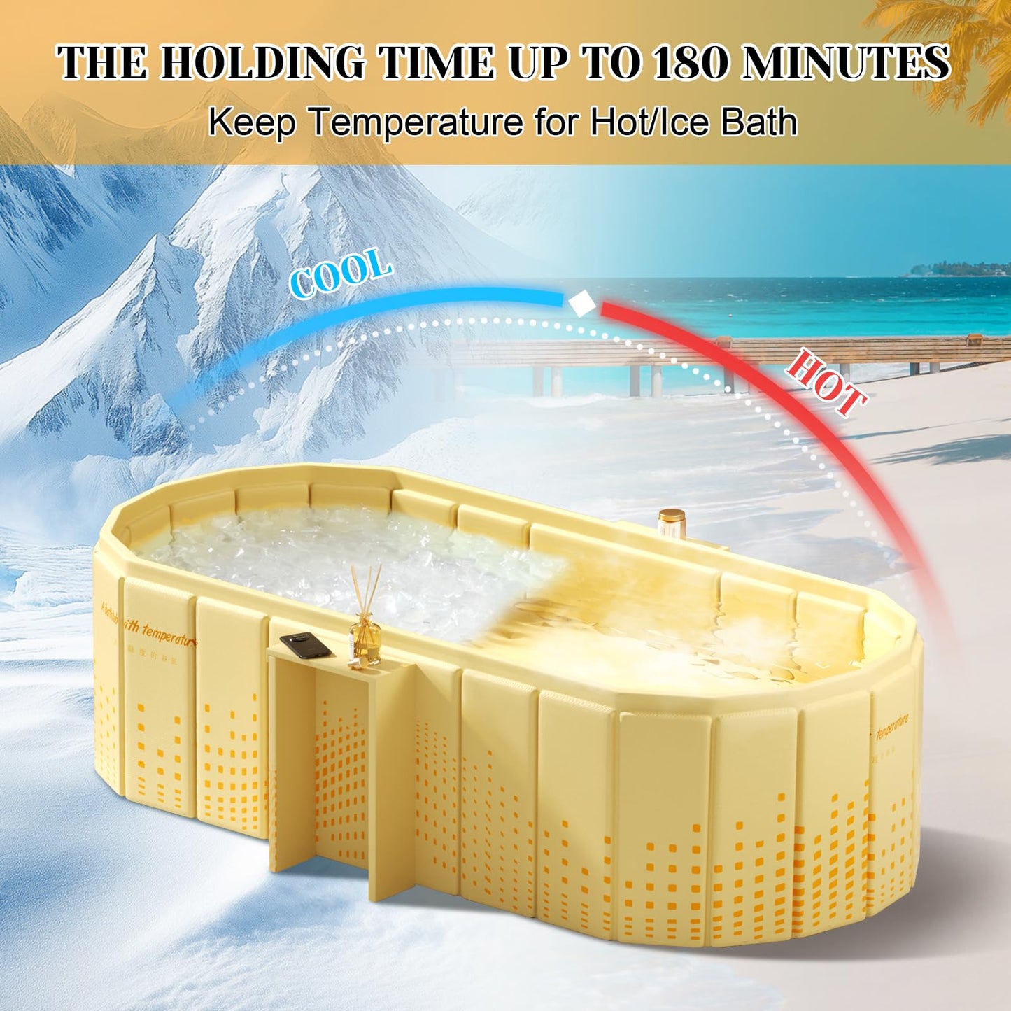 jessie 47 Inches Portable Bathtub, Foldable Ice Bath Tub for Adult, Bathroom Hot SPA Soaking Cold Plunge Tub Freestanding Bathtub Indoor Outdoor Yard (Gold)
