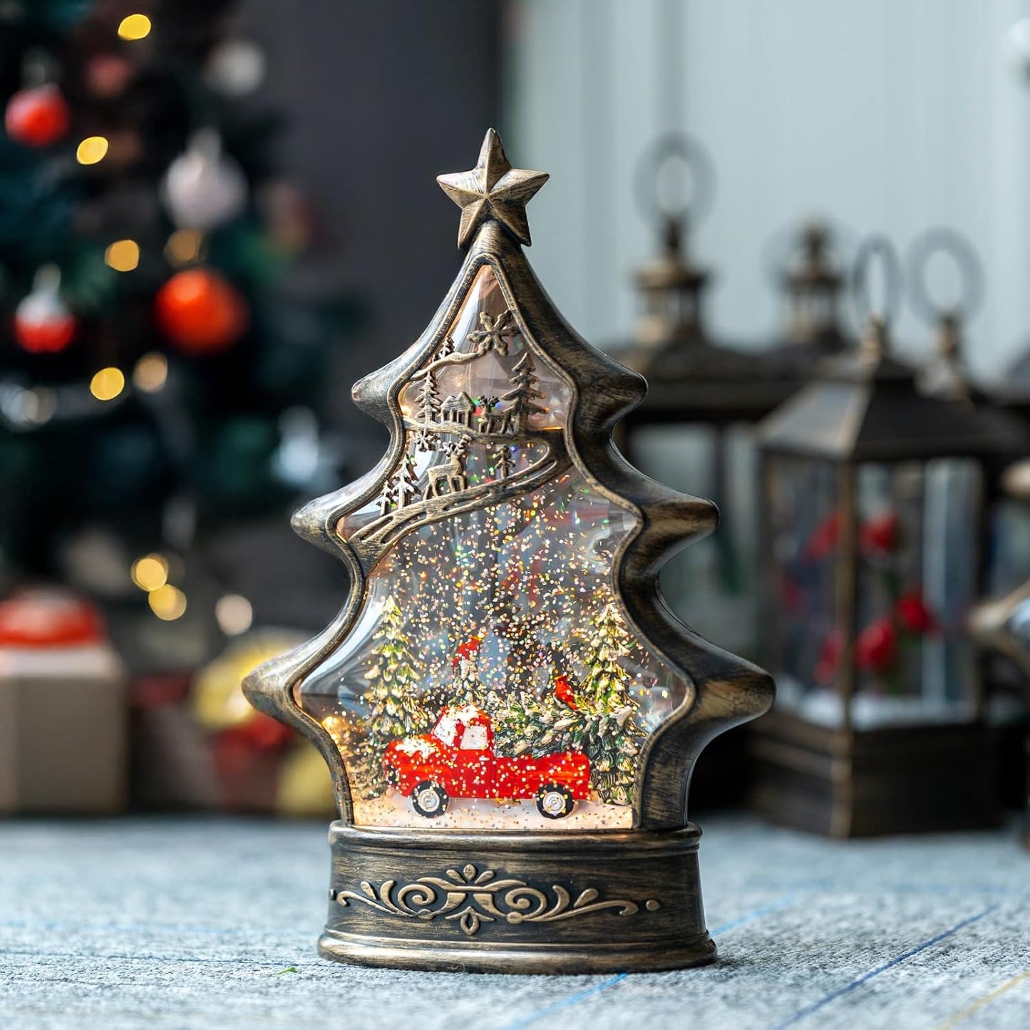 Regine Switzerland Snow Globe Lantern - Musical Lighted Christmas Tree with Red Truck - 11.5 Inch Holiday Decor