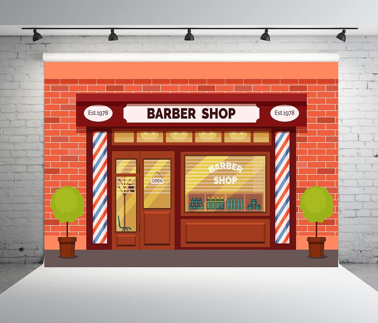 BELECO 5x3ft Fabric Cartoon Barber Shop Backdrop for Photography Red Brick Wall Hair Salon Hairstylist Haircut