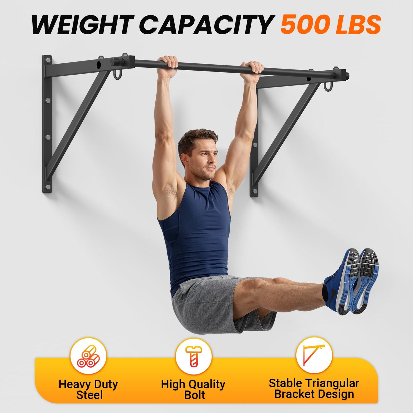 Jusgym Wall Mounted Pull Up Bar, Adjustable Depth 51" Chin Up Bar, Strength Training Pull-Up Bars 500LBS Weight Capacity, Home or Garage Gym Chin Up Workout Training Station