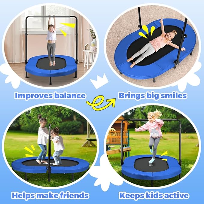 ONETWOFIT Kids Indoor Trampoline, 56" Foldable Mini Trampoline Rebounder with 5 Level Adjustable Handle Bar for 2 Childen Jumping Max Load 250 Lbs