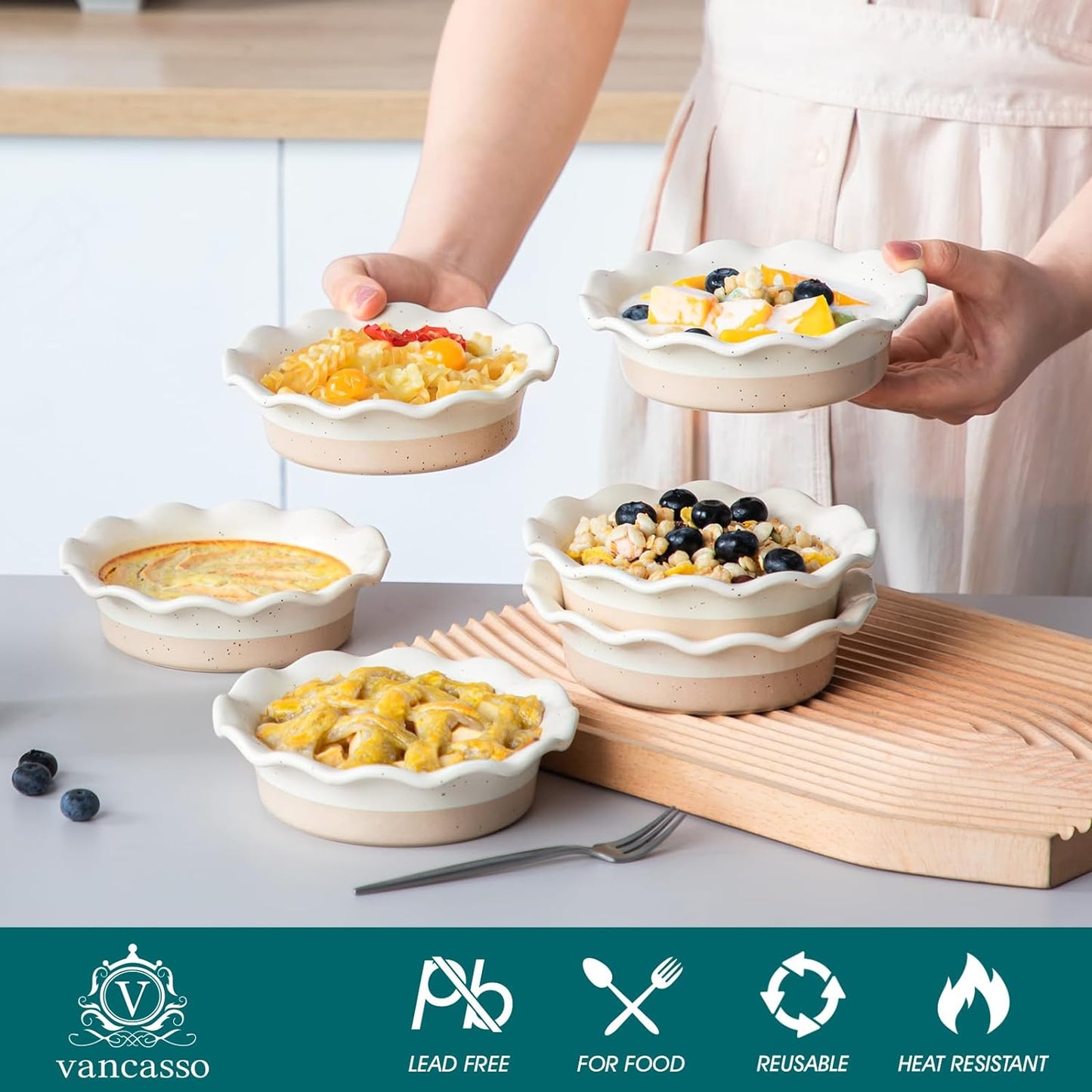 Vancasso Mini Pie Pans - Set of 6 Ceramic Deep Dish Plates | 5.2 Inch Ruffled Edge, Oven & Microwave Safe, Cream
