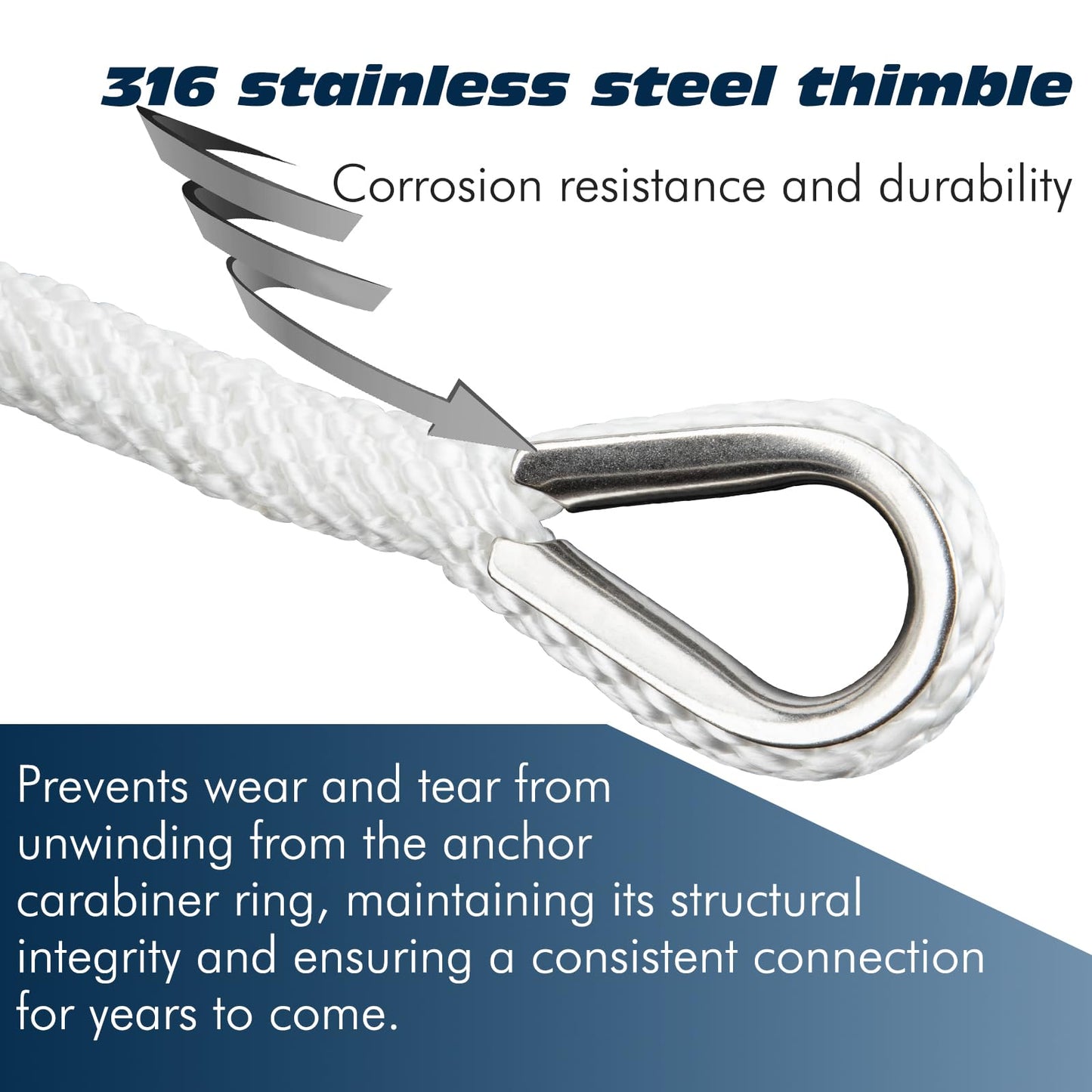 PropelTech Anchor Rope Braided Anchor Line(White, 3/8" x 100') Premium Solid Braid MFP Boat Rope with Stainless Steel Thimble & Shackle, Quality Marine Line, Boat Accessories