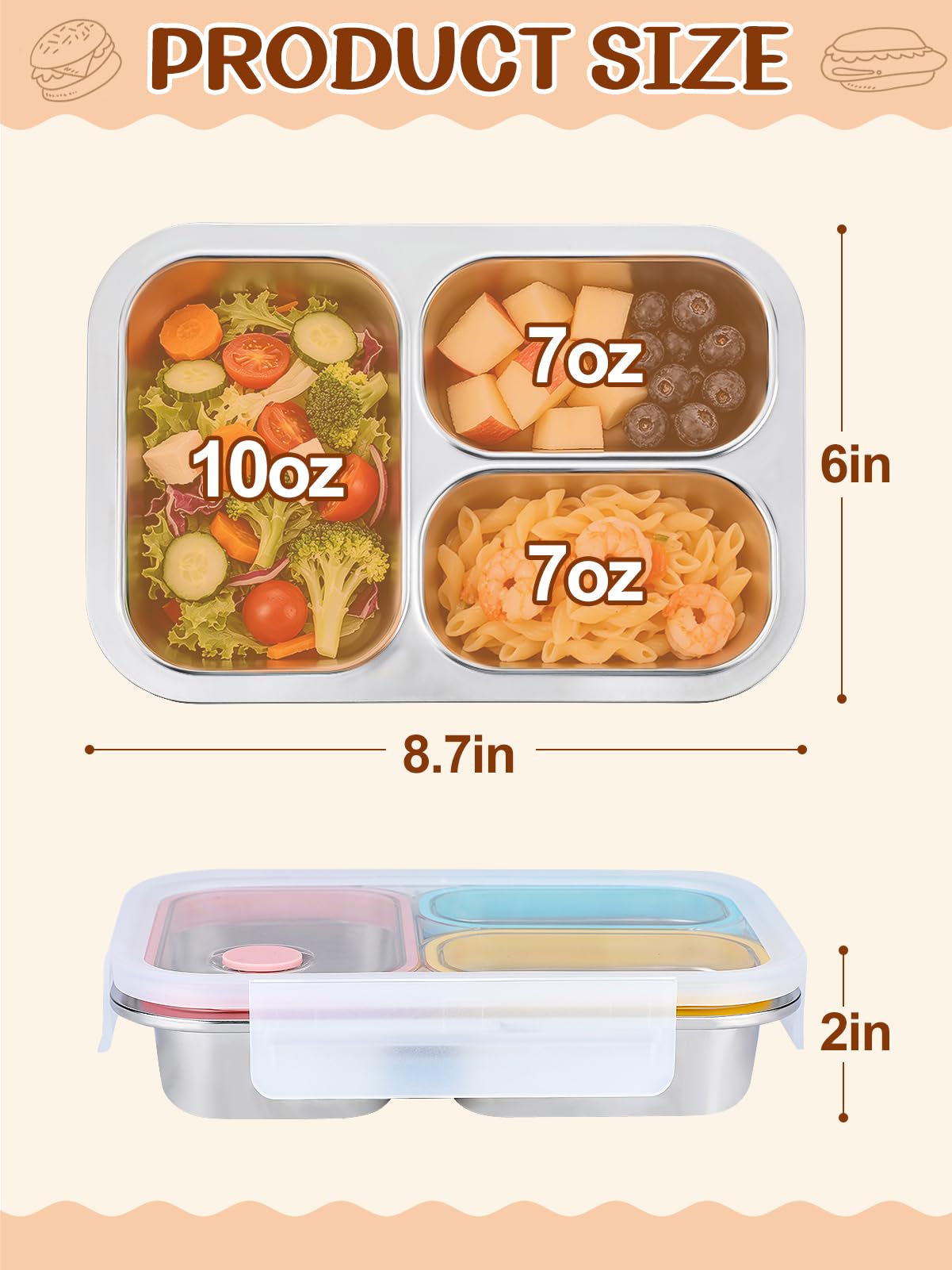 Alphatool 24oz 316 Stainless Steel Lunch Box for Kids & Adults - 3-Compartment Leakproof Metal Bento Box for School Office, Dishwasher Safe