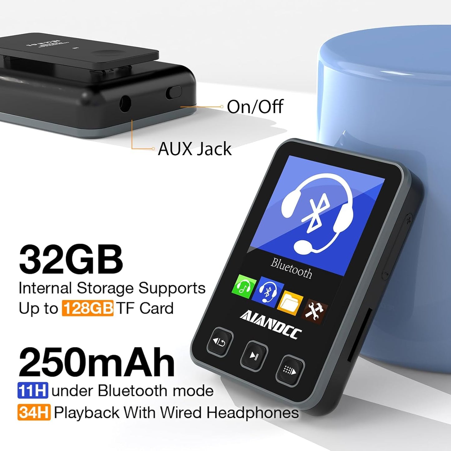 Aiandcc Mp3 5.3, 1.77-inch 32GB mp3 Player with Bluetooth HiFi Music Player with Sports Clip and Armband, TFT Color