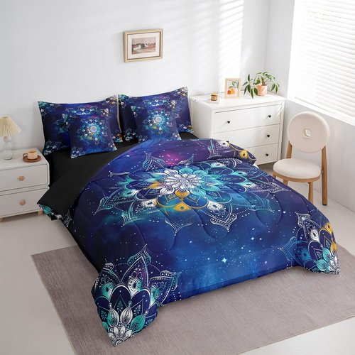 Erosebridal Exotic Flowers Bedding King Size 7pcs, Vintage Bohemian Style Lightweight Kids Teens Bed Set, Boho Galaxy Printed Bedding Sets & Collections Bed in a Bag, Blue Green Chic Bed Sheets Set
