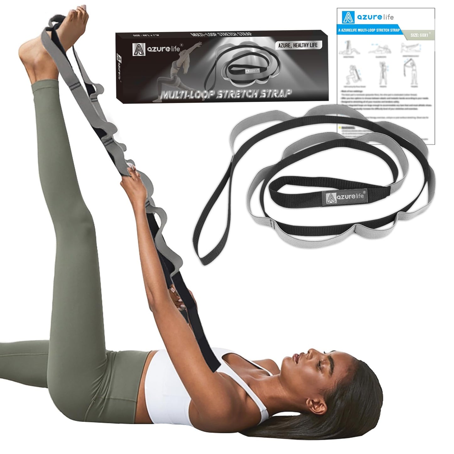 A AZURELIFE Half-Elastic Stretch Straps with 11 Loops, Stretching Strap for Physical Therapy, Multi-Loop Yoga Strap Fitness Exercise Strap for Yoga, Pilates, Dance, Flexibility&Exercise
