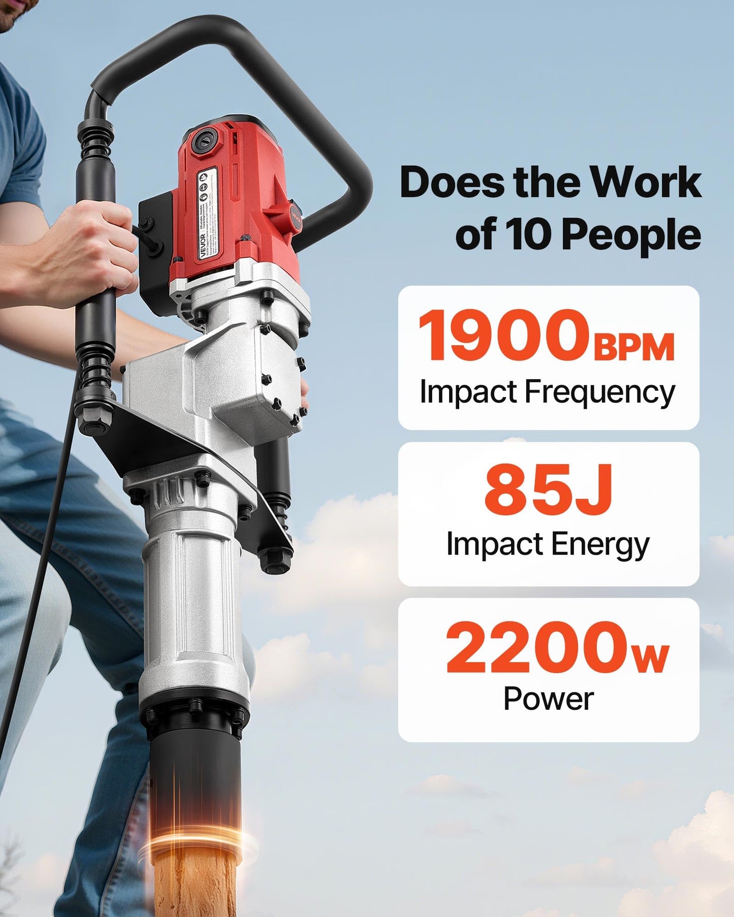 VEVOR Electric T Post Driver, 2200W Handheld Powerful Post Pounder, with 2.17 in/55mm, 2.76 in/70mm Sleeves, for Fence, Metal Fencing, Farm, Garden, Construction, Landscaping Projects