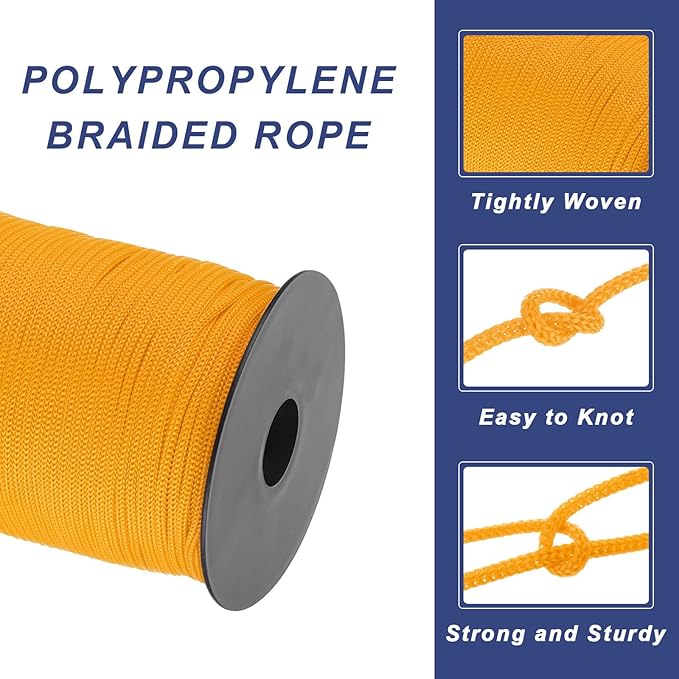 MECCANIXITY 1/8 Inch Polypropylene Rope Braided Ropes, 328ft Nylon Rope Hollow Utility Cord for Clothesline, Camping, Hiking, Outdoor, Orange Yellow