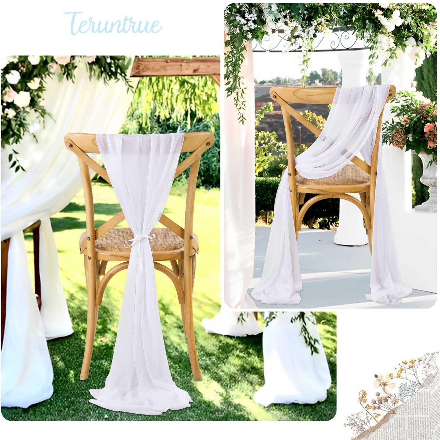 PakiInno White Chair Sashes 50 PCS Tulle Chair Cover 8ft Loing Wedding Banquet Decorations for Aisle Back and Side of Chair Sheer Drapes Fabric