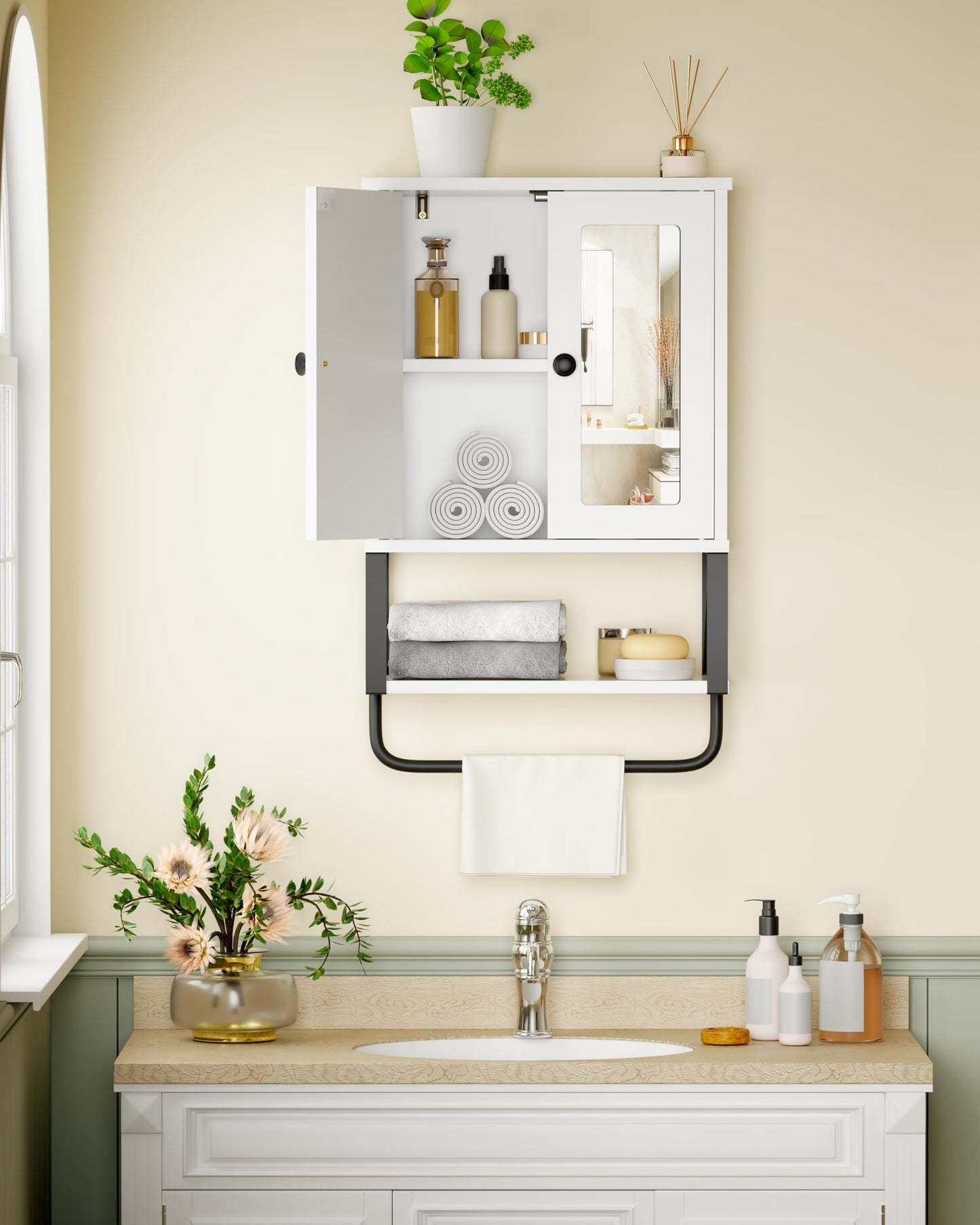 BEWISHOME Bathroom Wall Cabinet with Mirror, Wall Mounted Medicine Cabinet Over The Toilet with Towel Bar and Adjustable Shelf, 7.1" D x 15.4" W x 24.4" H, White YYG10W