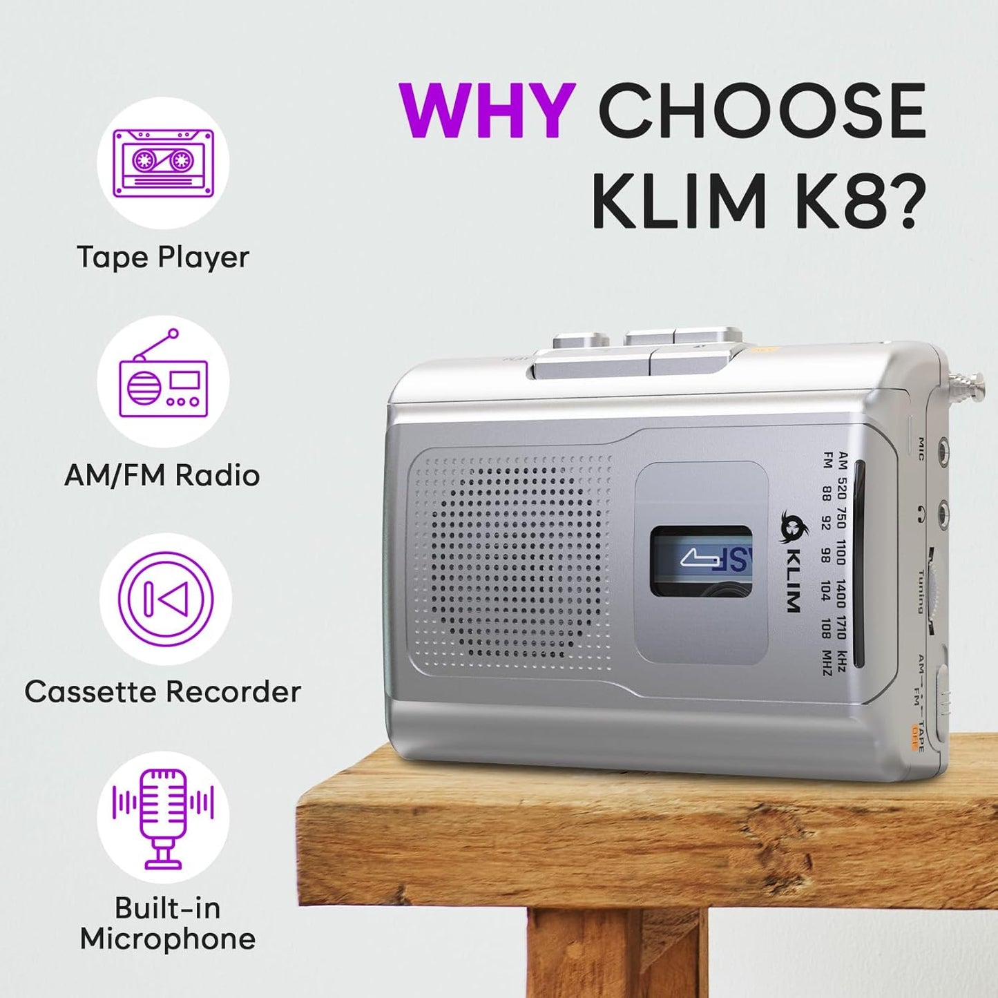 KLIM K8 Cassette Cassette Tape Player Portable - Recorder - NEW Version - AM/FM - Built-in Microphone & Speaker