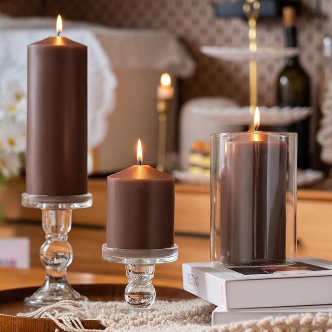 MOZEAL 3" x 4" Hand-Poured Unscented Brown Pillar Candles,Dripless Candles Set of 3,Smokeless,Clean Burning,Approx 60 Hours Burn Time,Wedding,Dinner,Christmas and Home Decor（3 Inch Width Series）