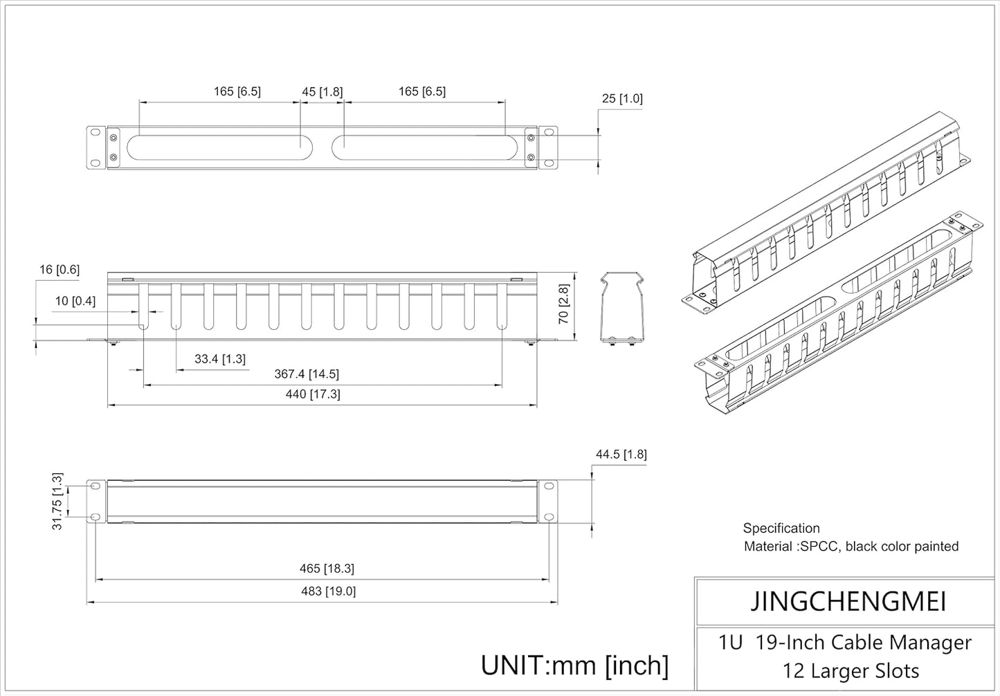 JINGCHENGMEI 2 Pack 1U 12 19-inch of All Metal Cable Management Horizontal Rack Mount Cable Manager with Big Finger