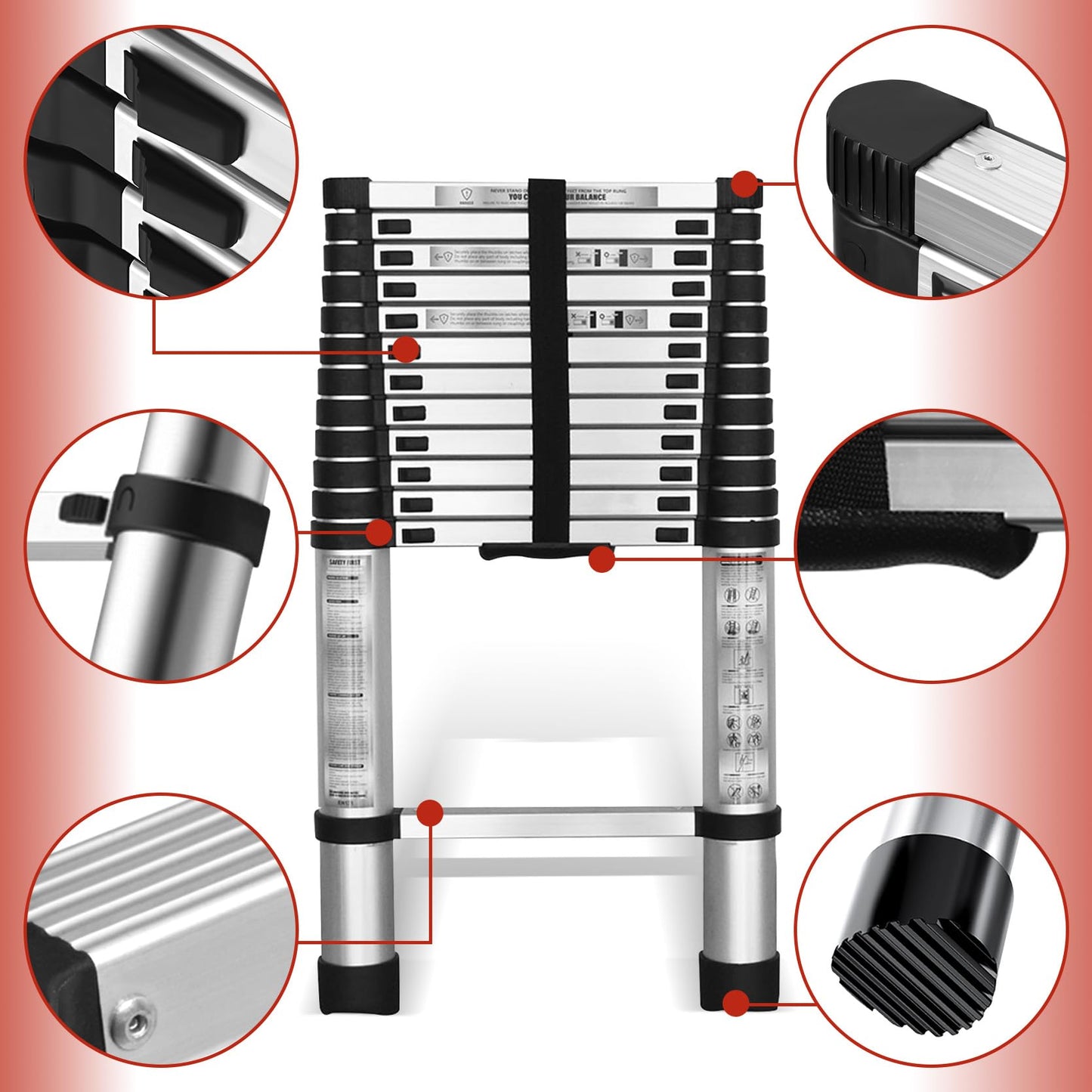 Telescopic Ladder 14.5FT/4.4M Aluminum Collapsible Retractable Portable Extension Ladder for Household or Outdoor Work 330lbs Capacity