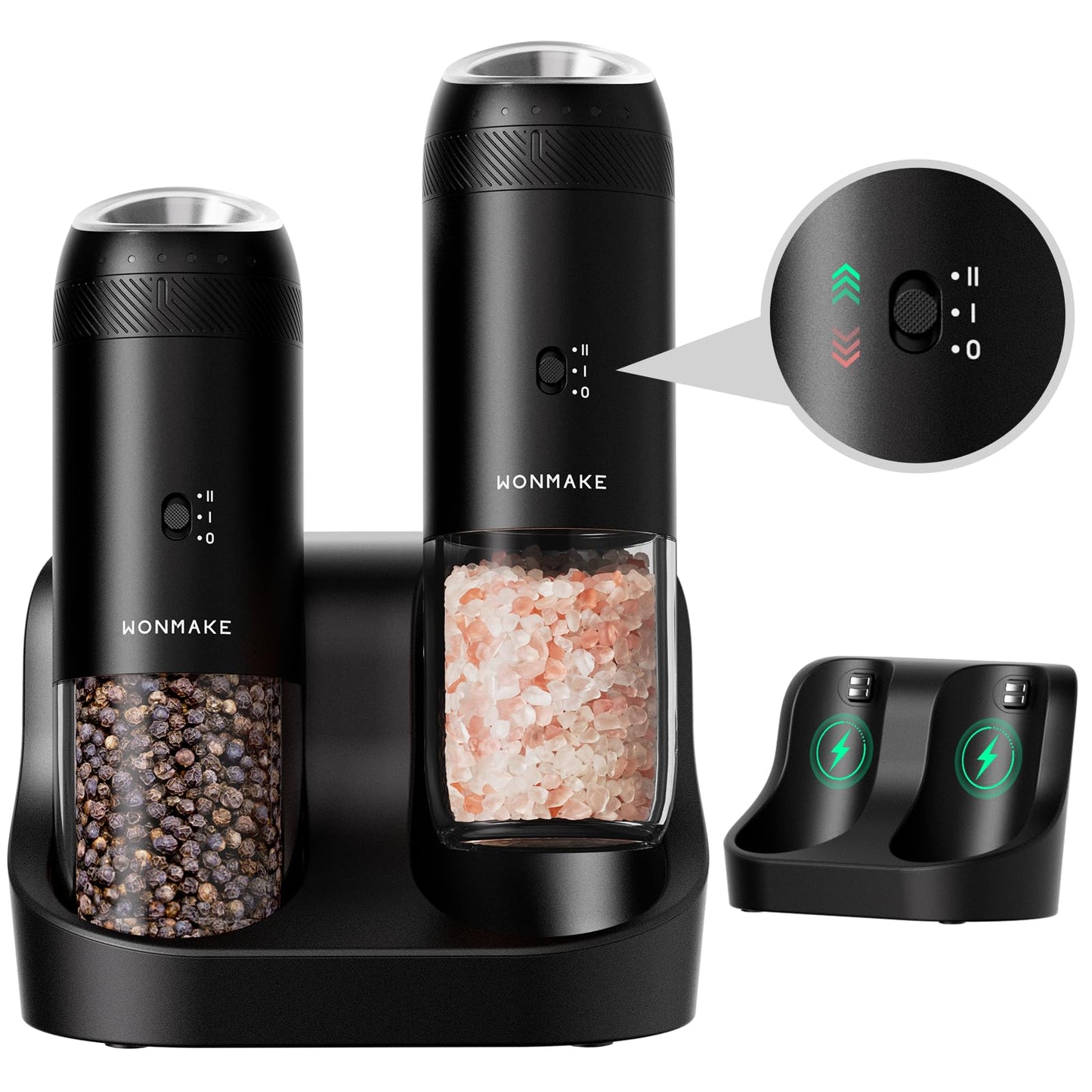 WONMAKE Gravity Electric Salt and Pepper Grinder Set with Charging Base, Automatic Salt and Pepper Mill, 6-Level Adjustable Coarseness, Dual Speed, and Large 5.95oz Capacity