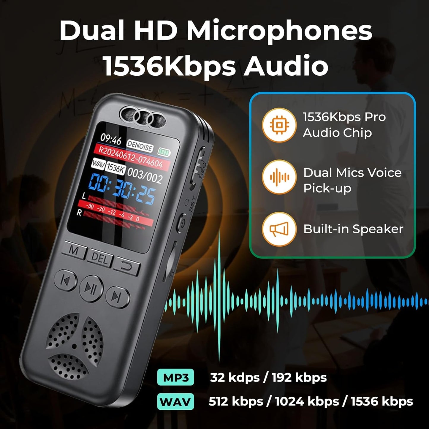 Cappsu 32GB 1536Kbps 70dB Digital Voice Recorder with Playback, Small Voice Activated Recorders, Audio, Noise