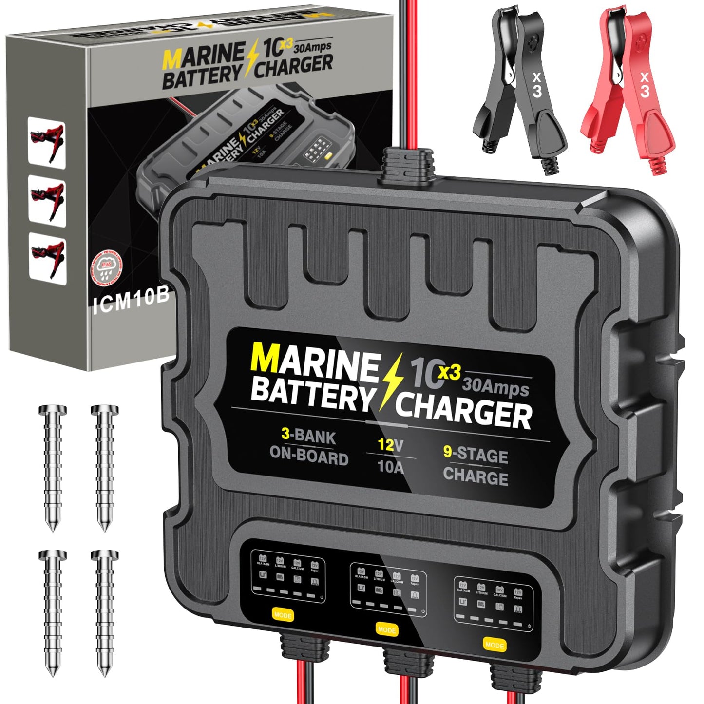 3 Bank Marine Battery Charger 30A (10A/Bank) 10X3, 12V,Waterproof,lifepo4 Boat Battery Charger Maintainer and Desulfator for AGM, Lithium,Deep-Cycle Batteries Boat Accessories