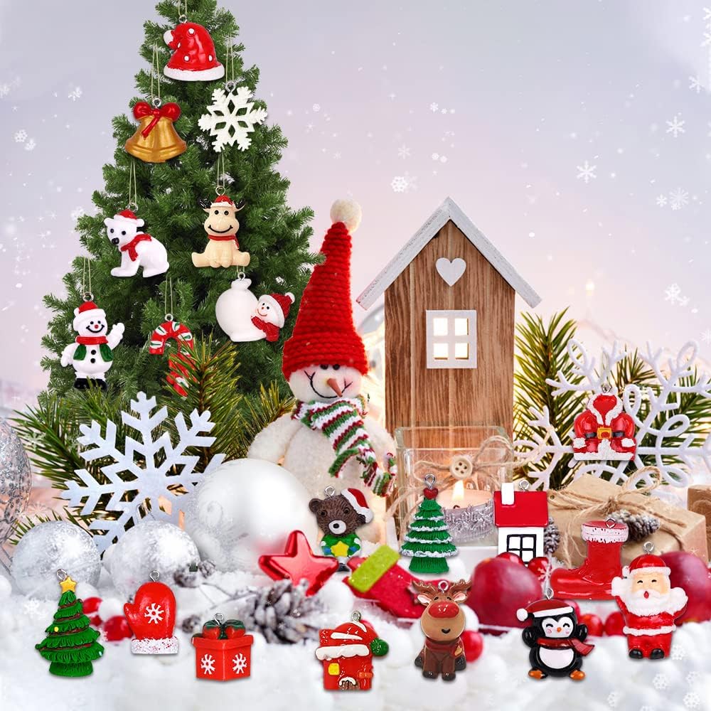 YUJUN Mini Christmas Ornaments Set - 24pcs 3D Resin Figurines for Tree Decoration