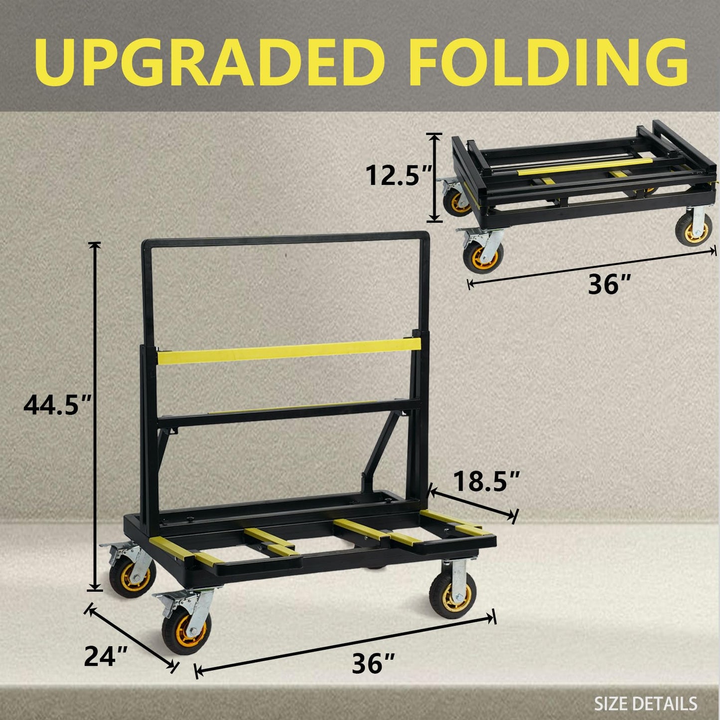 VisHomeYard Folding Drywall Cart, 2200LBS Load Capacity, Sheetrock Dolly, Drywall Cart, Plywood cart, Dolly with Rubber Swivel Casters
