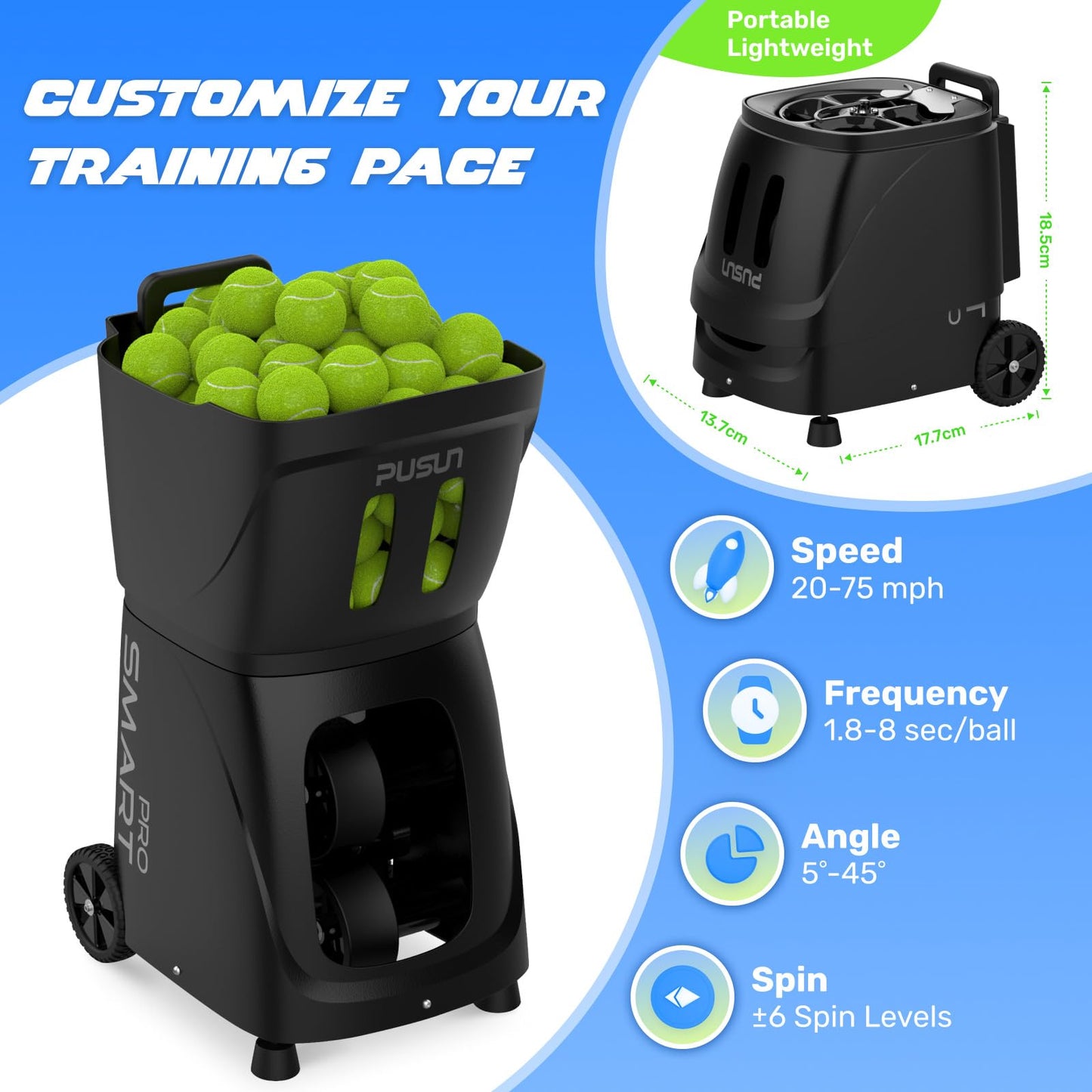 PUSUN｜PT-Smart Pro Internal Oscillation Tennis Ball Machine: App with 12 Built-in Training Modes, 28-Pt Custom Drills,75MPH, 5H,32.6lb Portable for Tennis & Padel,Training, Practice,Beginners to Pros