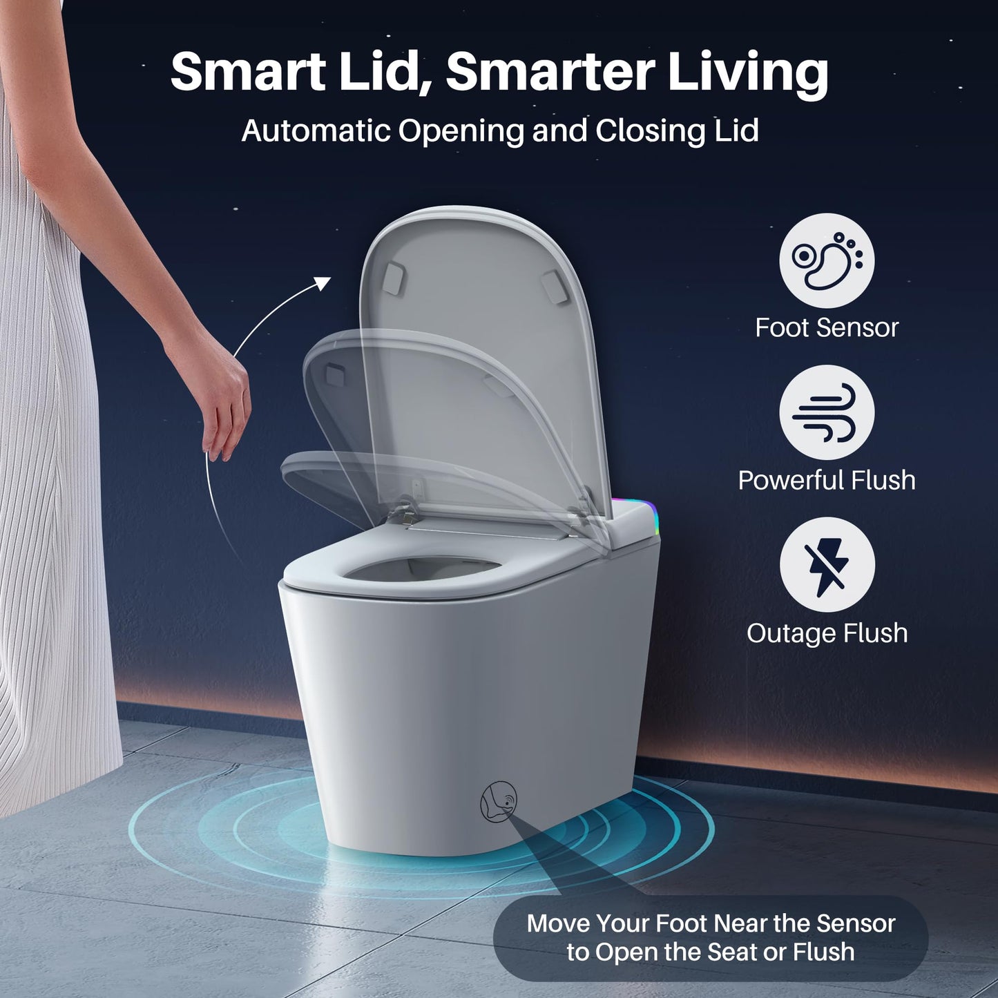 Bazyths Luxury Smart Toilet with Built-in Tank & Bidet– Ultra-Quiet 4s Flush, Foam Shield for Splash-Free, Auto Open/Close Lid, Foot Sensor, Dual User Memory, 12” Rough-In One-Piece Elongated(ZY760A)