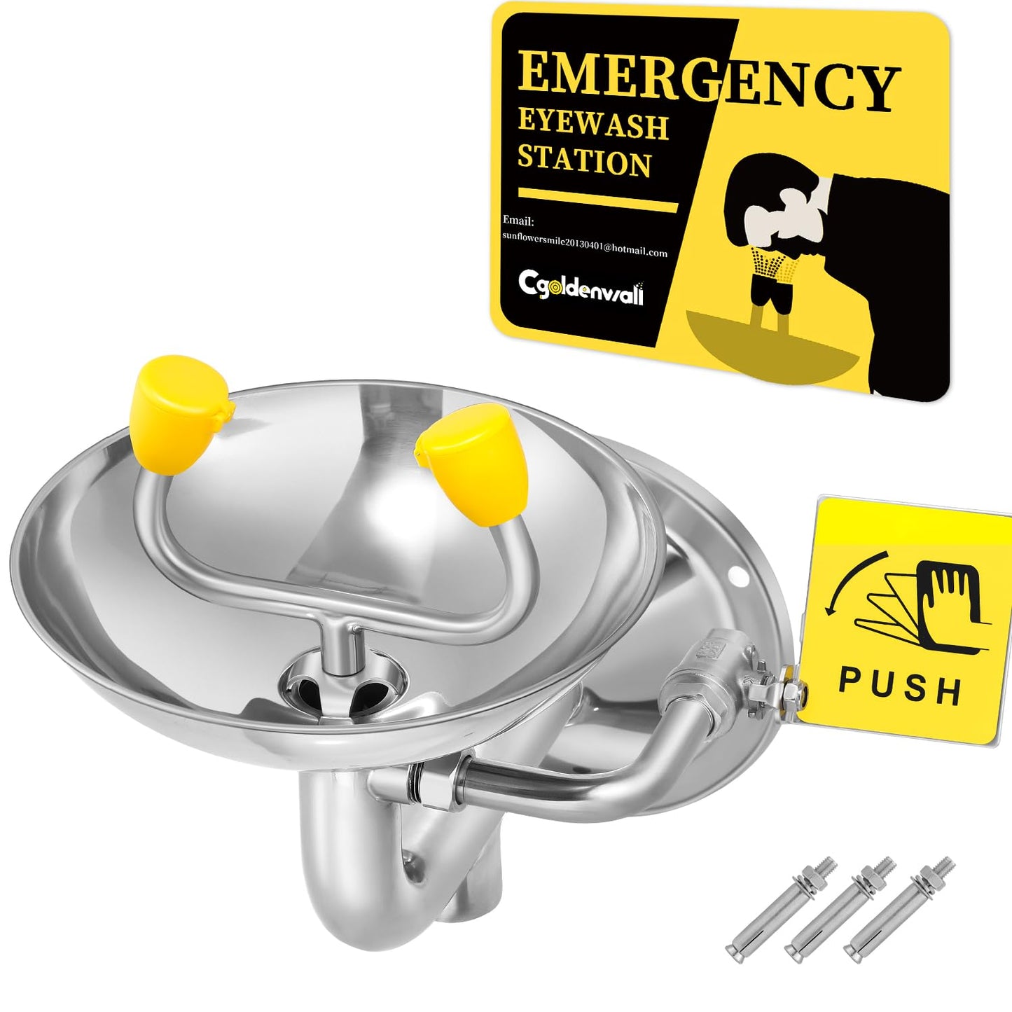 CGOLDENWALL Eye Wash Station Wall Mounted Eyewash Station Emergency Eye Face Washing Sink Plumbing Connection, NPT Thread, with Eyewash Sign, 304 Stainless Steel