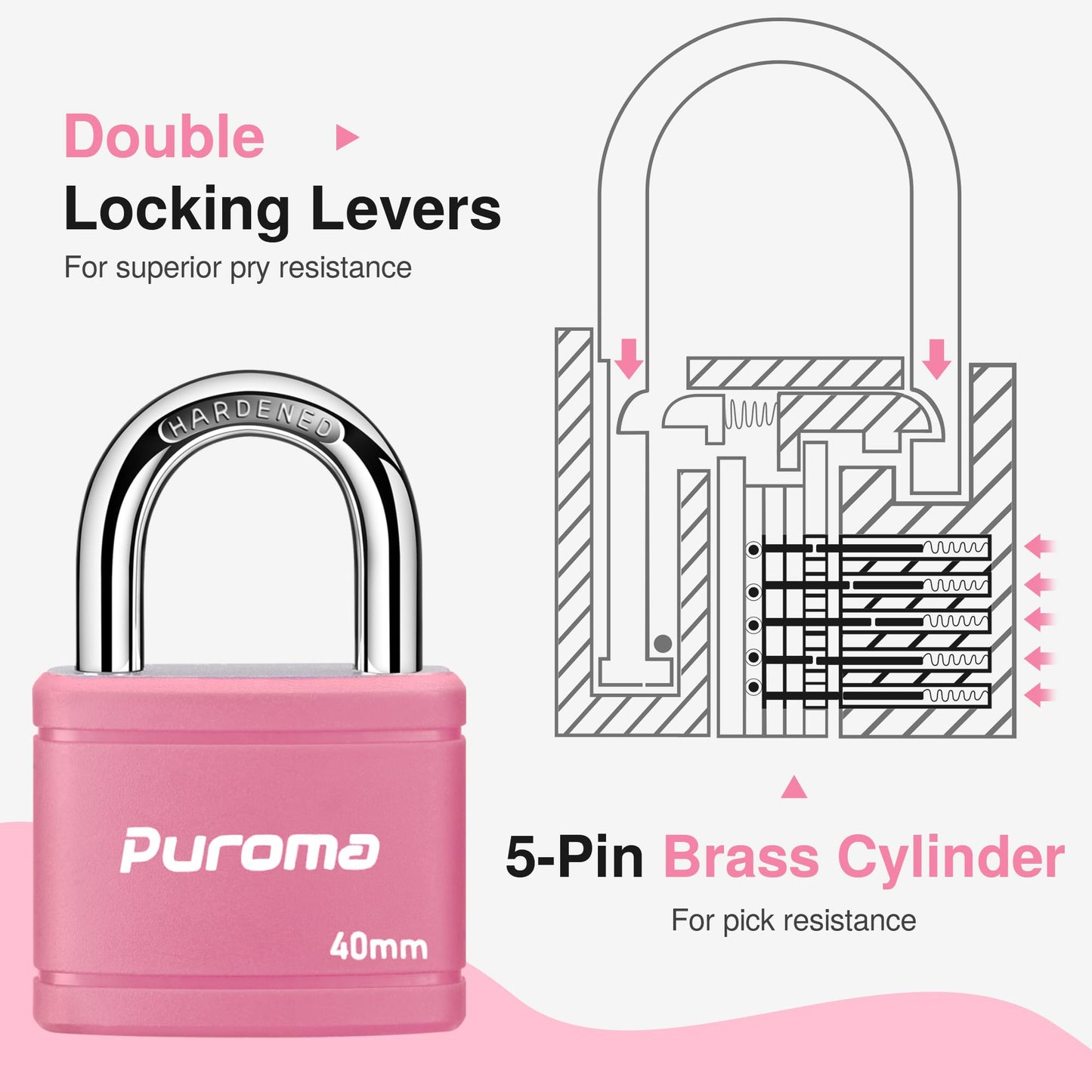 Puroma Keyed Padlock with 2 Keys Alike, 7/8 Inch Locker Lock 40mm Heavy-Duty Locks for Gate Fence Hasp Cabinet Toolbox School Gym Locker (Pink)