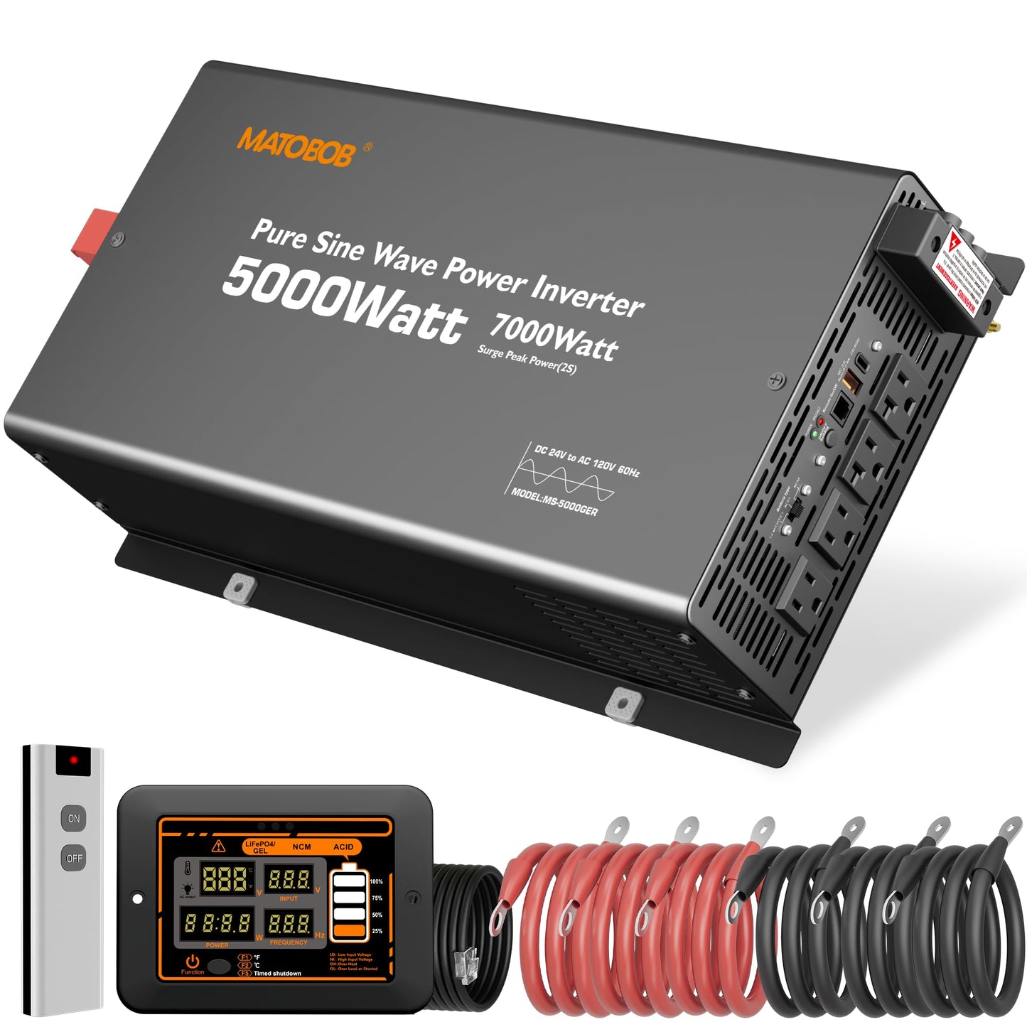 24V Inverter 5000W Pure Sine Wave Power Inverter, 24V DC to 120V AC Inverters,Surge 7000W,Power Inverter with 4 AC Outlets,45Amps Hardwire Port,Dual Remote Control for Solar RV,Truck,Boat,Home