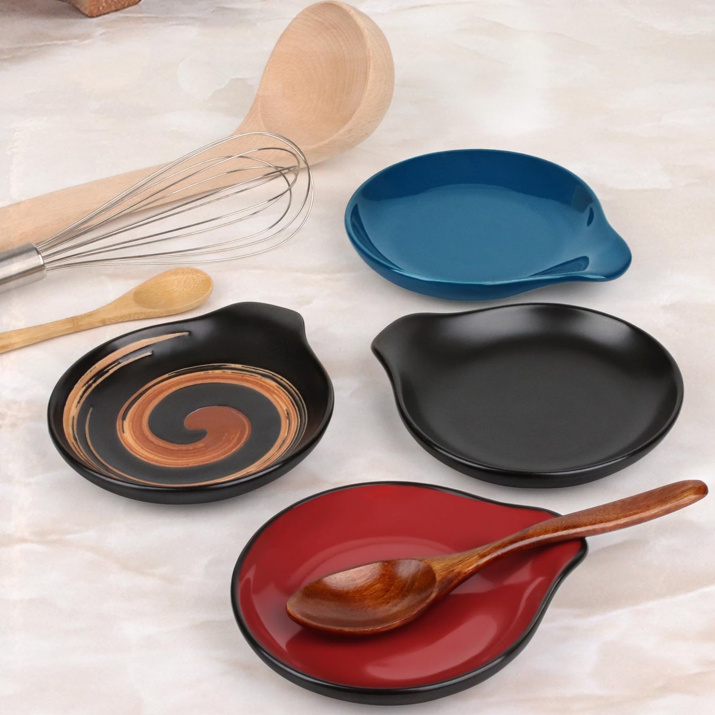 VanlonPro Ceramic Spoon Rest, 5 Inch Spoon Holder for Stove Top, Kitchen Counter, Utensils, Ladle, Coffee Spoons, Cooking spoons, Spatula, Housewarming Gifts, Black & Hand-painted Swirl