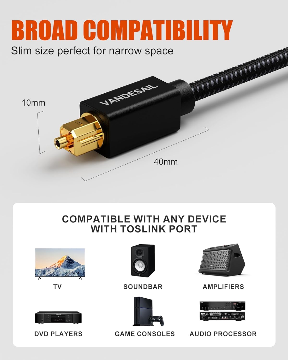 2ft/0.6M, PS4, TOSLINK Optical Audio Cable - Slim Braided Fiber, Digital Optical Audio Cable for Soundbar Gold-Plated