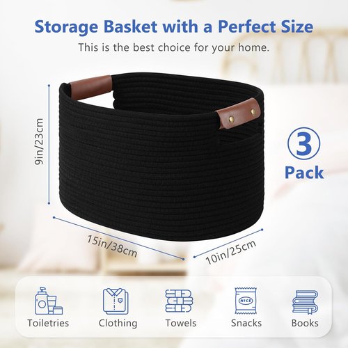 ECDYQXVU Cotton Rope Storage Baskets - Woven Baskets with Handles for Laundry & Home Organization | 15x10x9 Inch, Black (3-Pack)