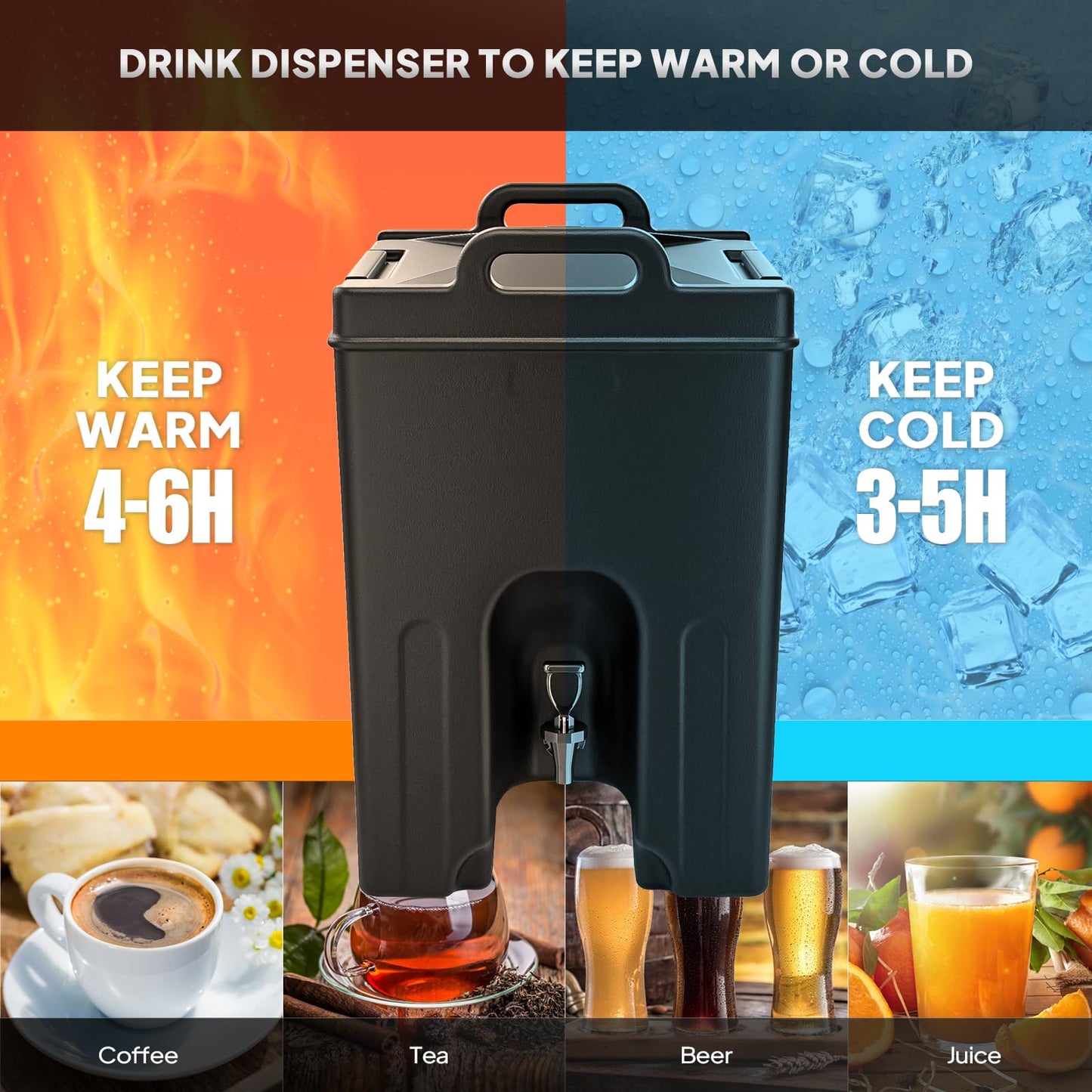 Bonnlo 12 Gallons Insulated Beverage Dispenser, Food-grade LLDPE Cold and Hot Drink Dispenser with Faucet, Handles, Beverage Server Keep Coffee Warm, Drink Container Cooler for Catering Party, Black