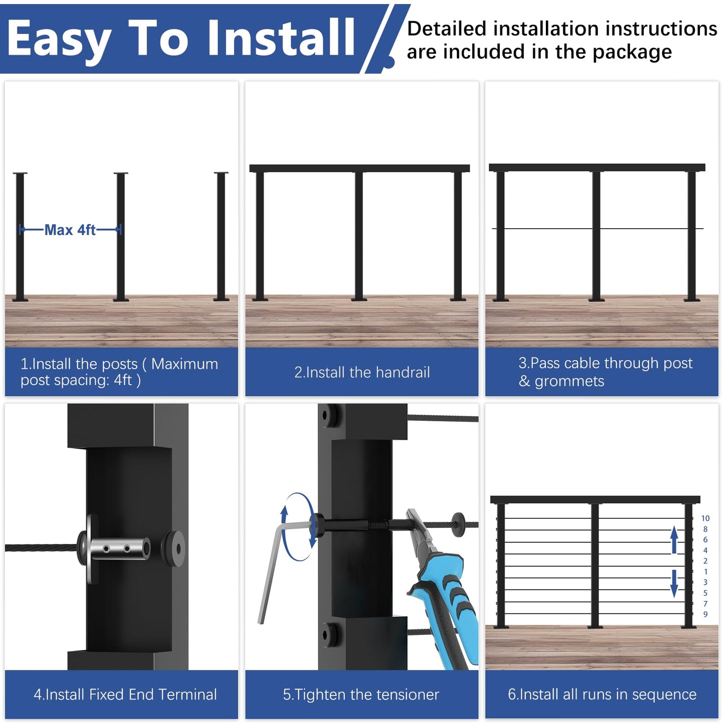 Zylorix 36" Swageless 16-20FT Black Complete Cable Railing System Post Kit with Handrail Cuttable, T304 Stainless Steel, Modular Pre-Cut 1/10" Cable Railing Kit with Level Post Easy DIY for Deck Porch
