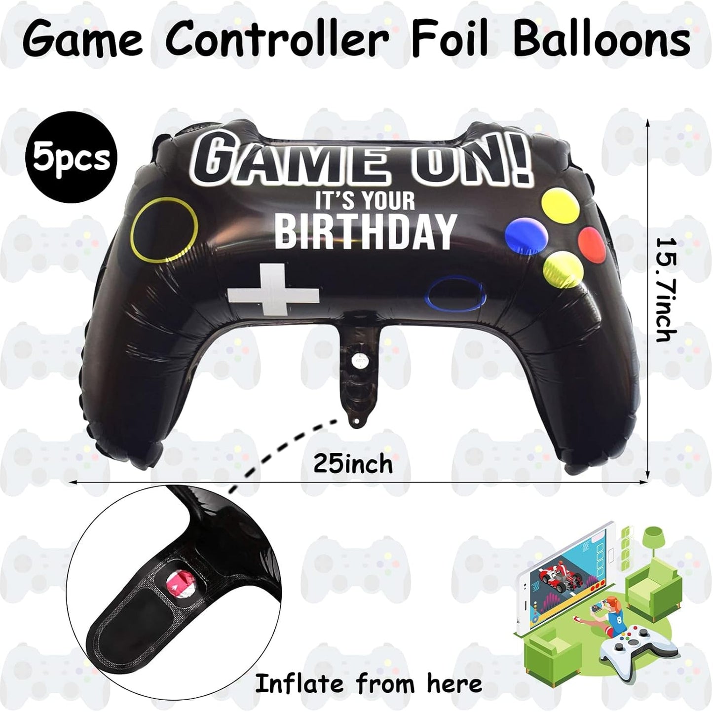 Skiennix Video Game Party Balloons - Giant Controller Mylar Foil | 5-Piece Set for Kids' Birthday Decor