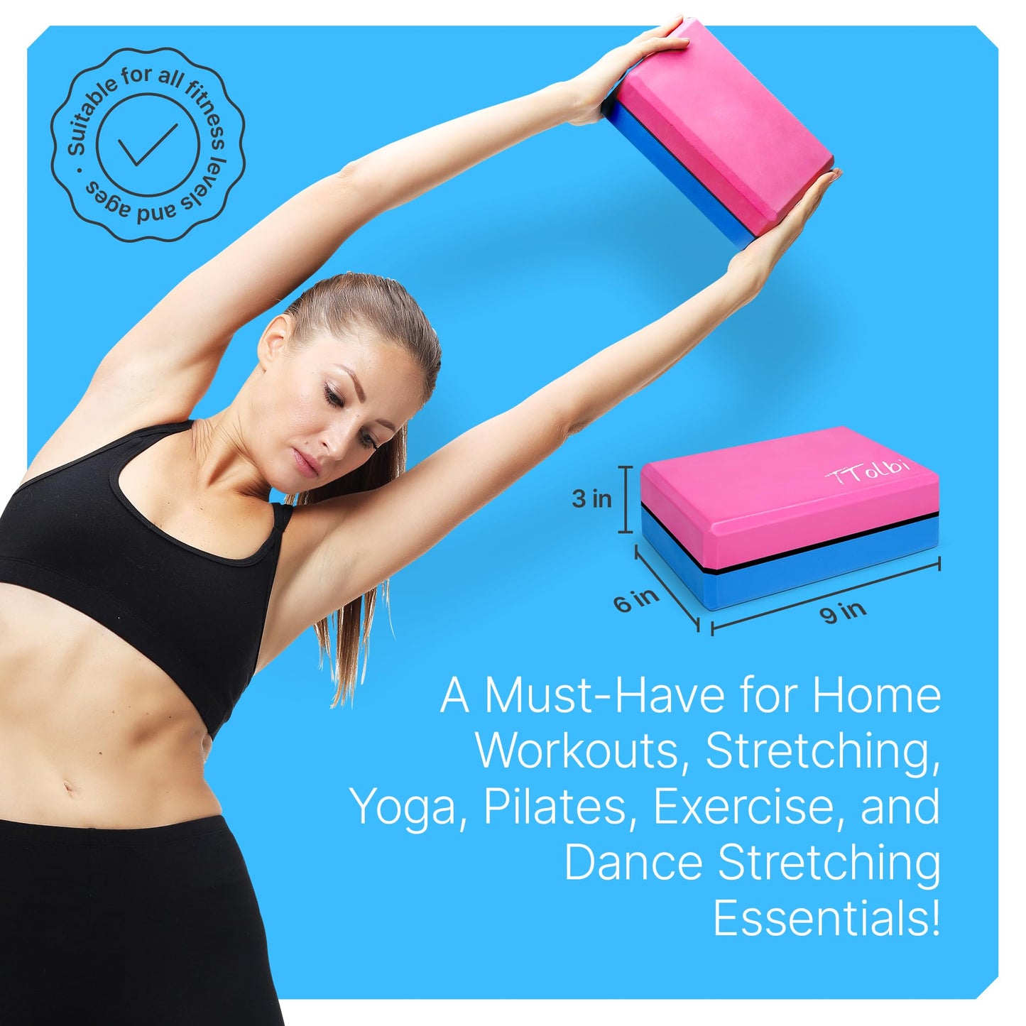 Yoga Blocks 2 Pack with Strap & Guide – Non-Slip EVA Foam Pilates Blocks for Home Workouts, Dance, Ballet, Gymnastics & Stretching Exercise | Ideal Dancer Gifts