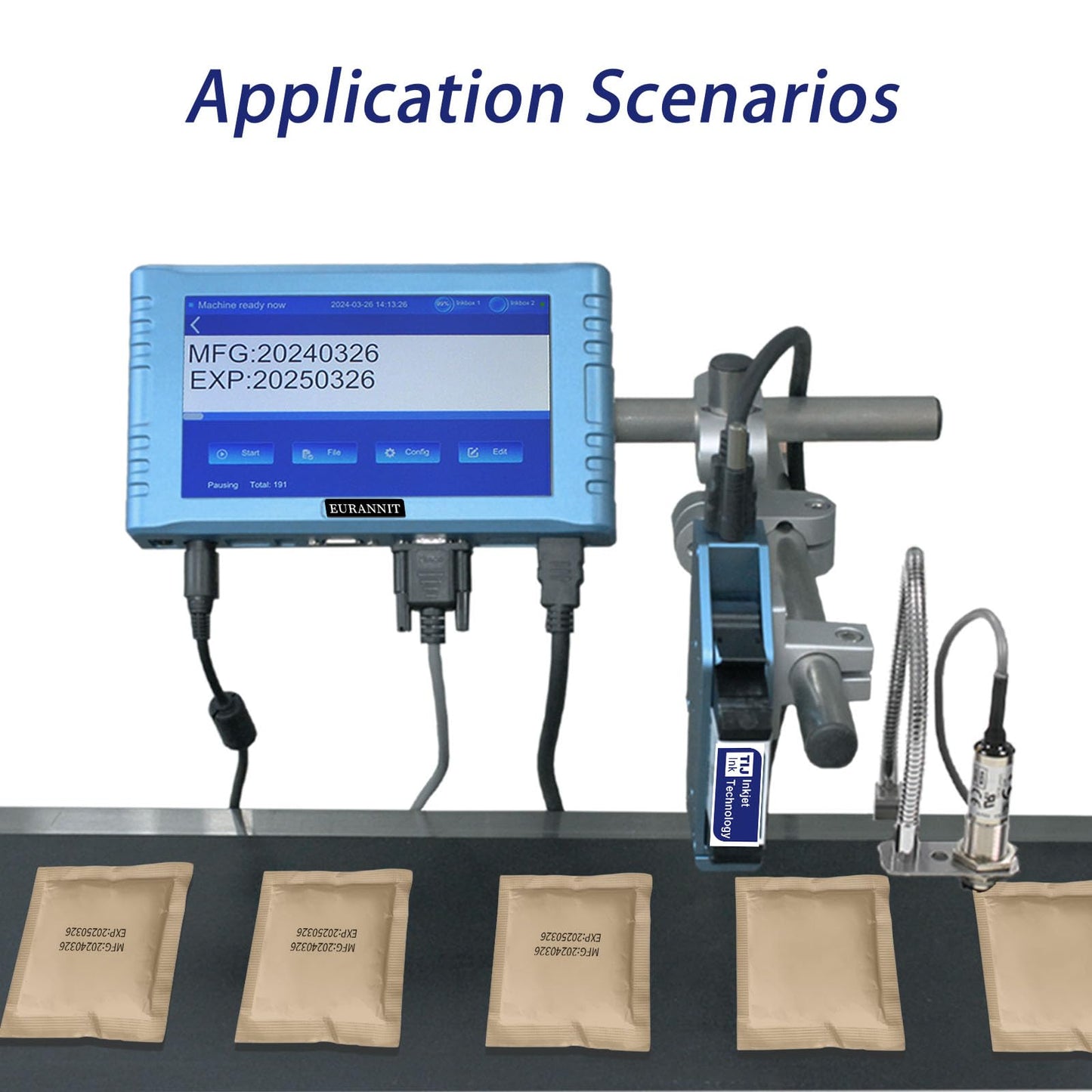 Eurannit Automatic Inkjet Coding Machine for Production Line, Thermal Inkjet Printer 260E with 7”Touchable Screen for Date/Batch/QRCode/Barcode/Logo etc (2 Nozzle / 1 in)