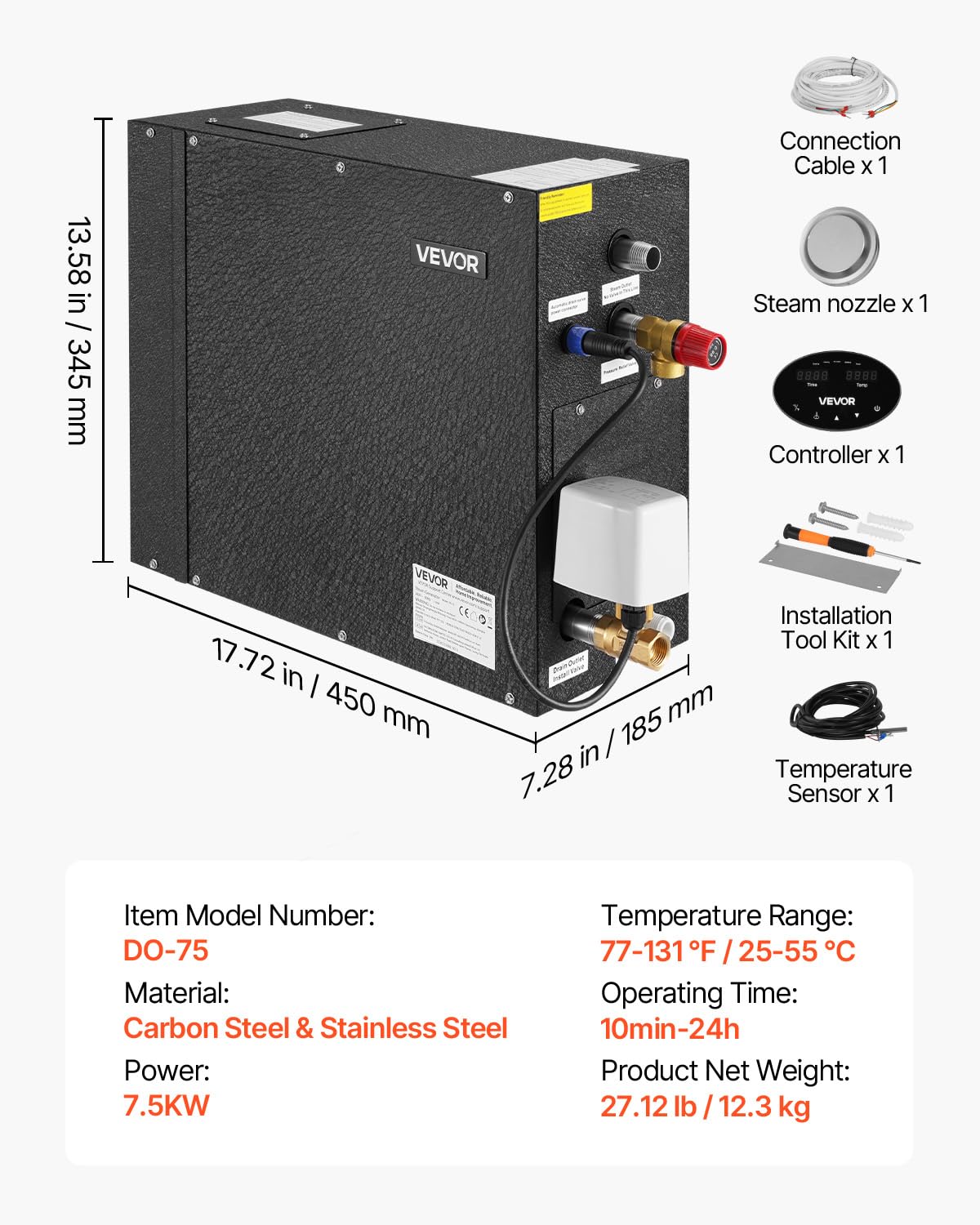 VEVOR Steam Generator, 7.5 kW Steam Shower System with Controller for Home Sauna & Spa, Commercial Auto Drain Kit with Overheat, Dry-Run & Overpressure Protection, 10min to 24h Timer, Black