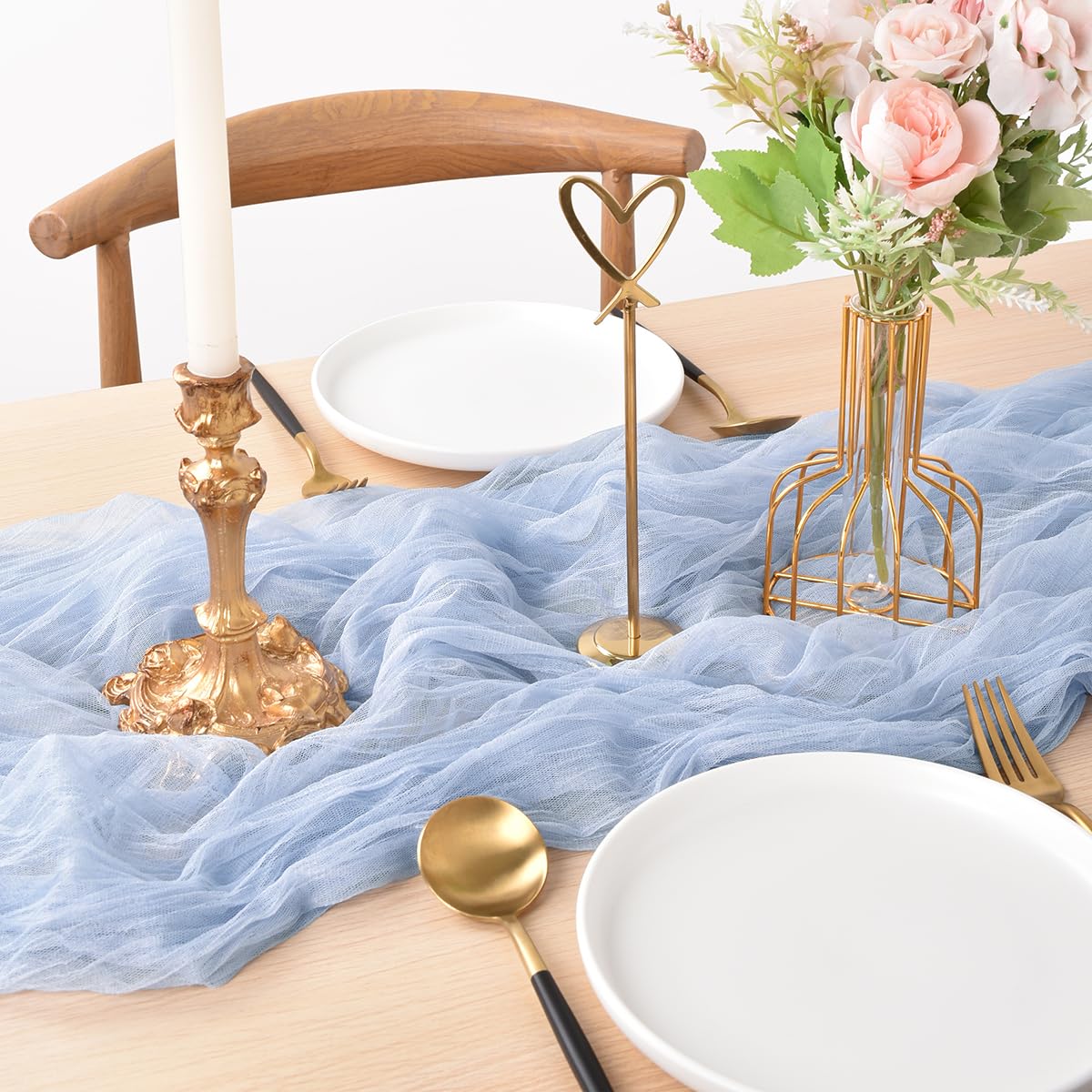 Joanlody Blue Cheesecloth Table Runner Spring Summer 10Ft Rustic Gauze Boho Cheese Cloth Table Runner for Wedding Bridal Baby Shower Decoration 4 Pack