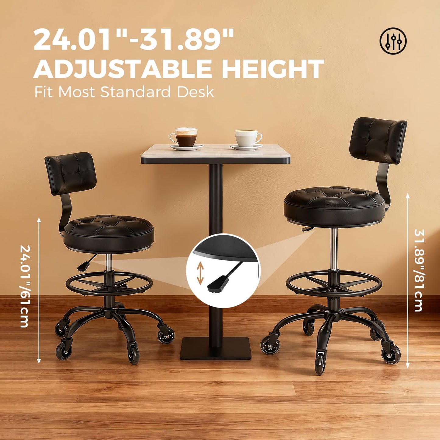 FREEKYROCK Office Drafting Chair with Footrest, Tall Height Adjustable Stool with Back Support, Heavy Duty Rolling Stool Chair with Wheels for Office Home Kitchen Bar Shop Guitar Studio Vanity, Black