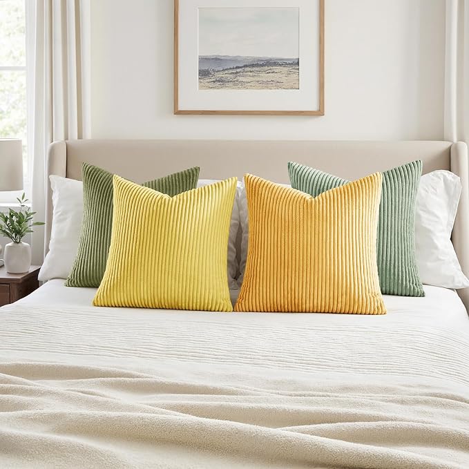 MIULEE Boho Farmhouse Yellow Green Throw Pillow Covers 18x18 Inch Set of 4 Mordern Nordic Cushion Covers Soft Corduroy Spring Home Decor for Couch Bed Sofa Living Room
