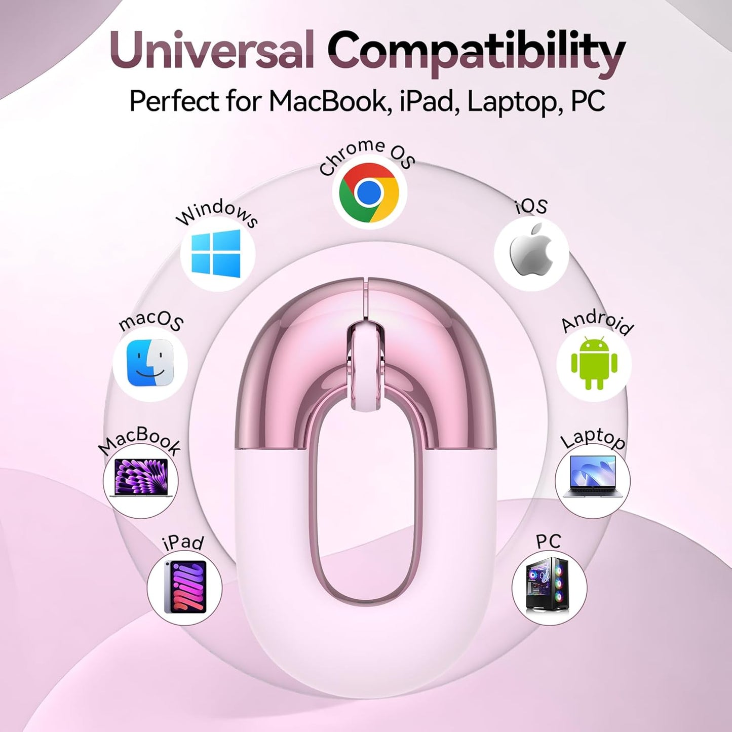 FOPATO 2.4G, 1200 Travel Mouse, Pink Wireless Mouse, Dual Mode Bluetooth & Rechargeable Silent Portable Mouse, Cute