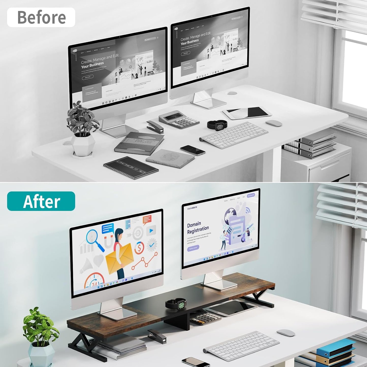 2 Dual Monitor Stand Riser, Large Wood Monitor Riser for Monitors, Monitor Lift with Storage for Desk, Sturdy